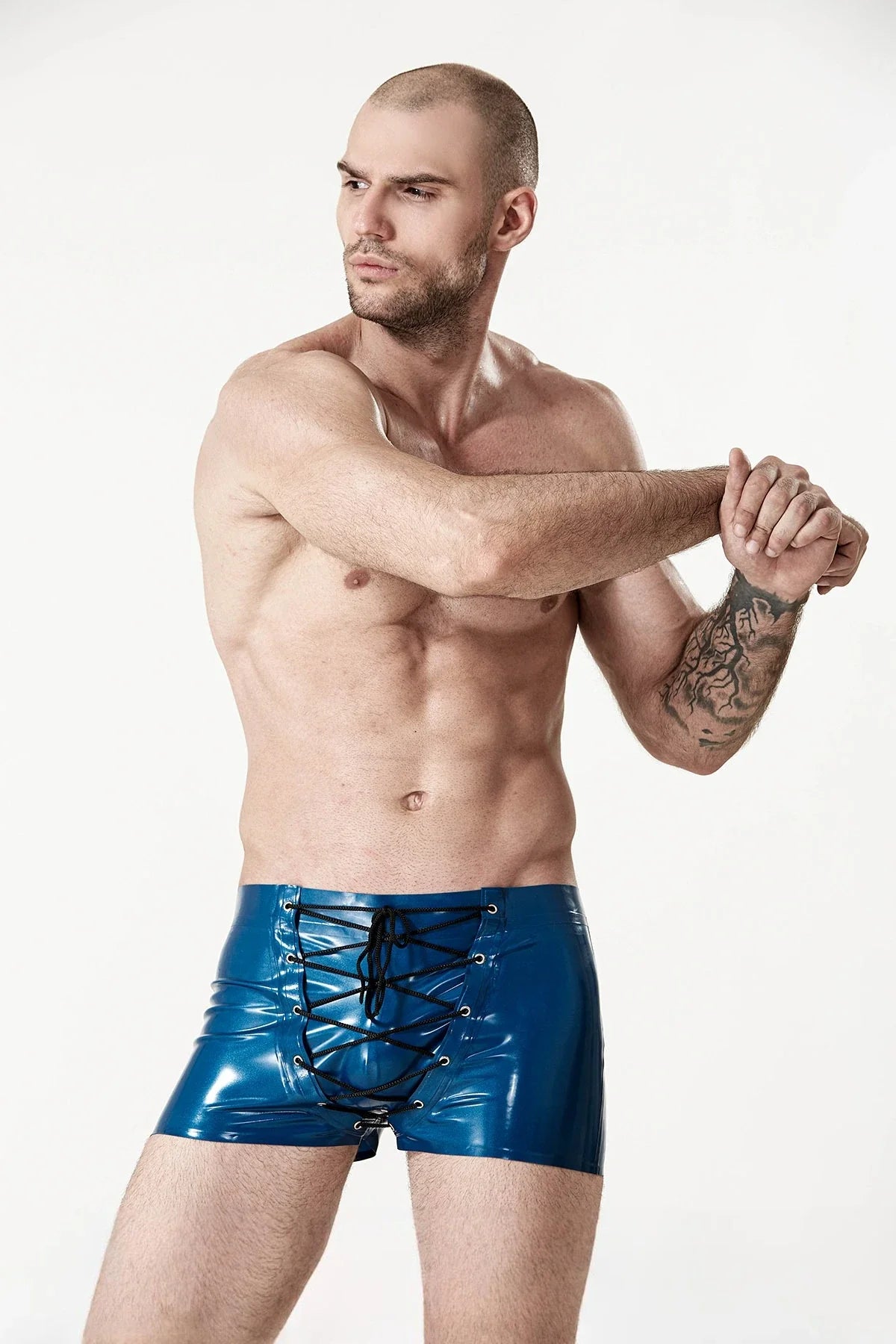 Metallic Blue Front-Laced Wide-Opening Low-Waist Latex Shorts