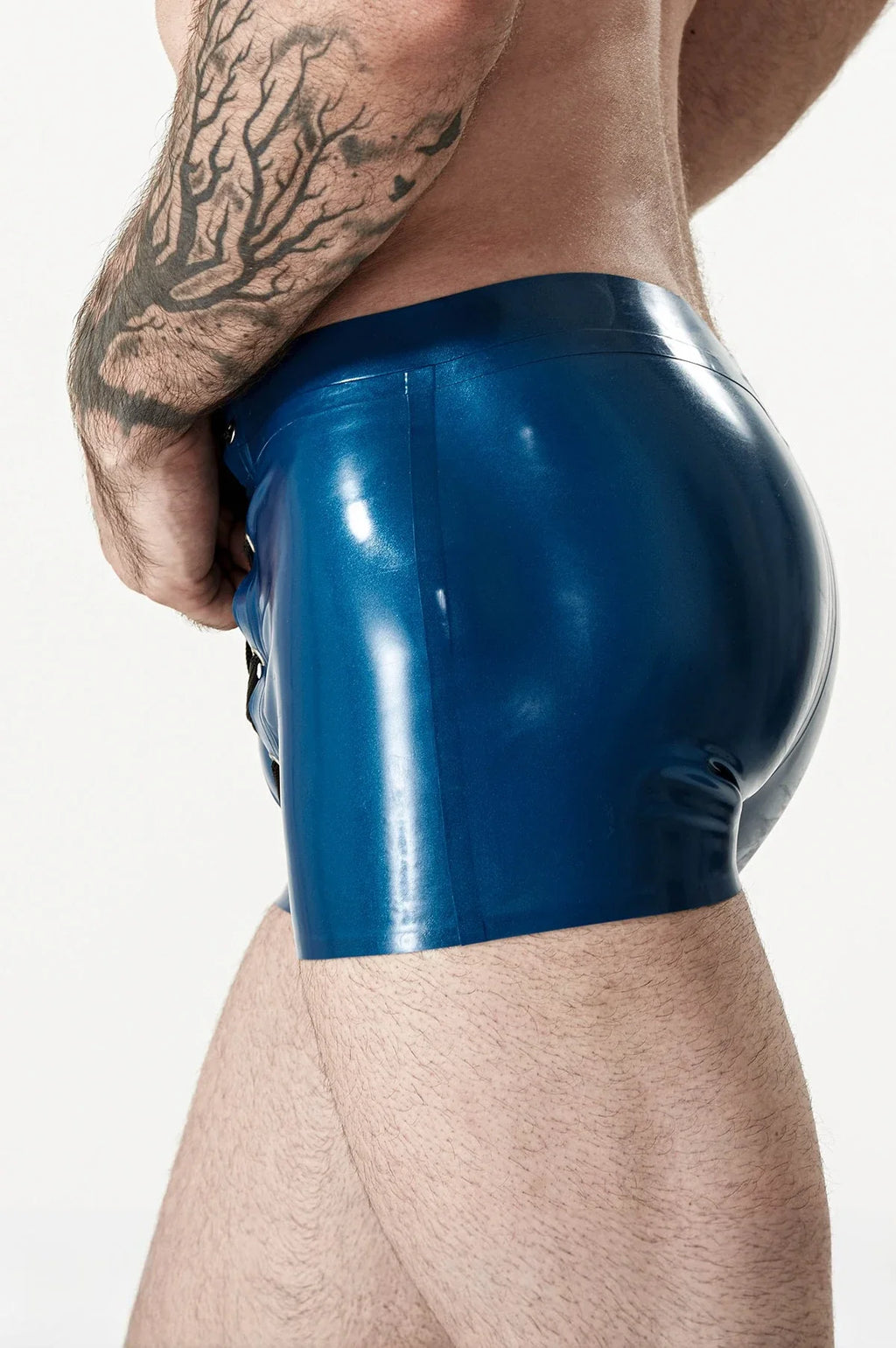 Metallic Blue Front-Laced Wide-Opening Low-Waist Latex Shorts