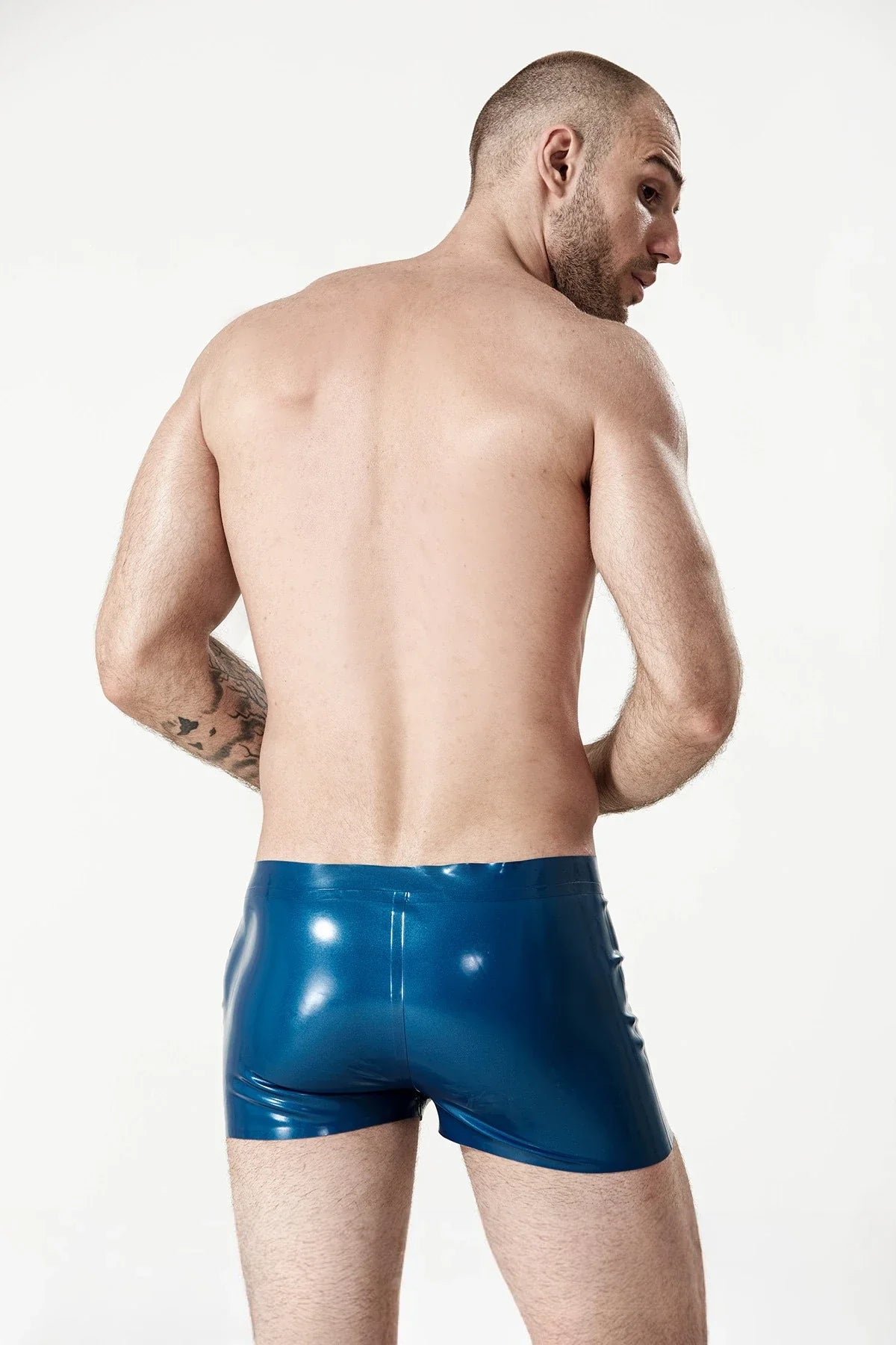 Metallic Blue Front-Laced Wide-Opening Low-Waist Latex Shorts