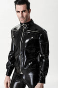 Black Kinky Kool High-Collar Buckle-Belt Chest-Pocket Shirt-Cuff Zip Latex Jacket
