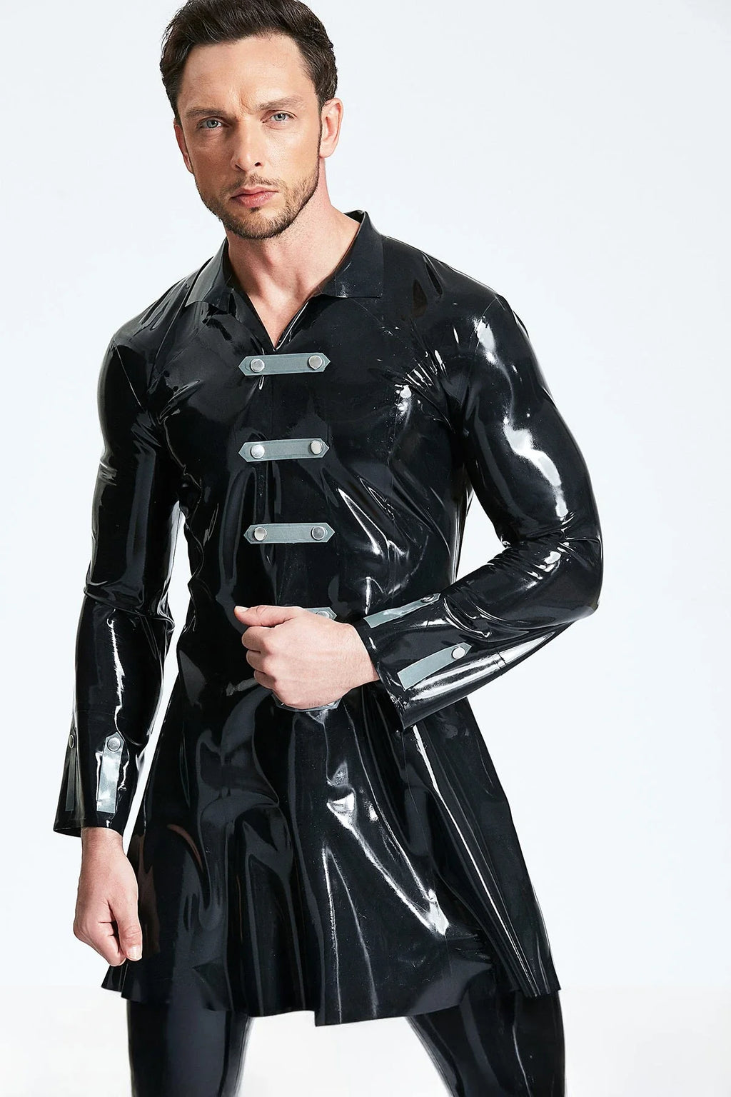 Black & Metallic Silver Military Crossover Strap-Cuff Flared Three-Quarter Latex Coat