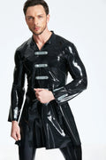 Black & Metallic Silver Military Crossover Strap-Cuff Flared Three-Quarter Latex Coat
