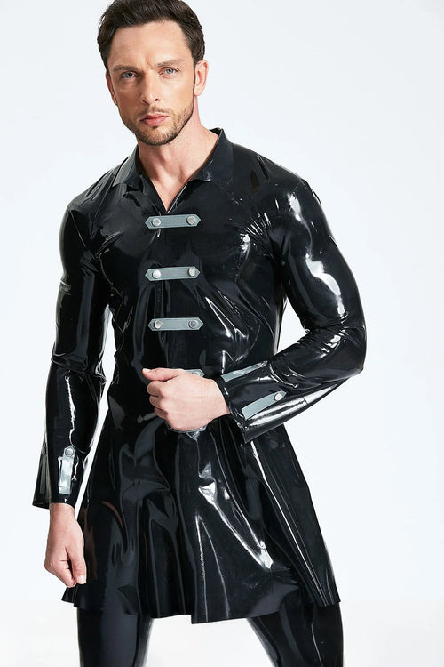 Black & Metallic Silver Military Crossover Strap-Cuff Flared Three-Quarter Latex Coat