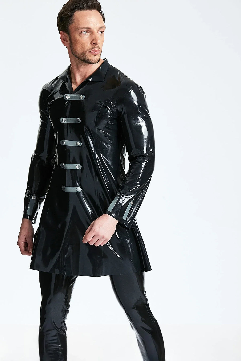 Black & Metallic Silver Military Crossover Strap-Cuff Flared Three-Quarter Latex Coat