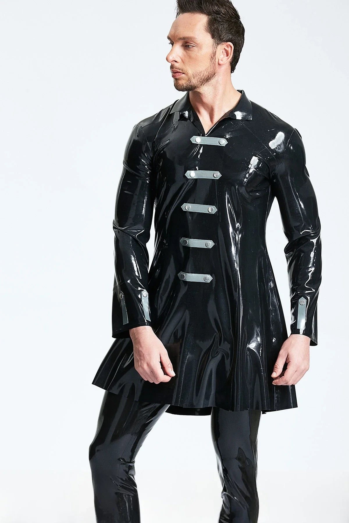 Black & Metallic Silver Military Crossover Strap-Cuff Flared Three-Quarter Latex Coat