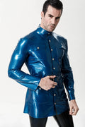 Metallic Blue Belted Stud-Closure Latex Military Tunic Jacket