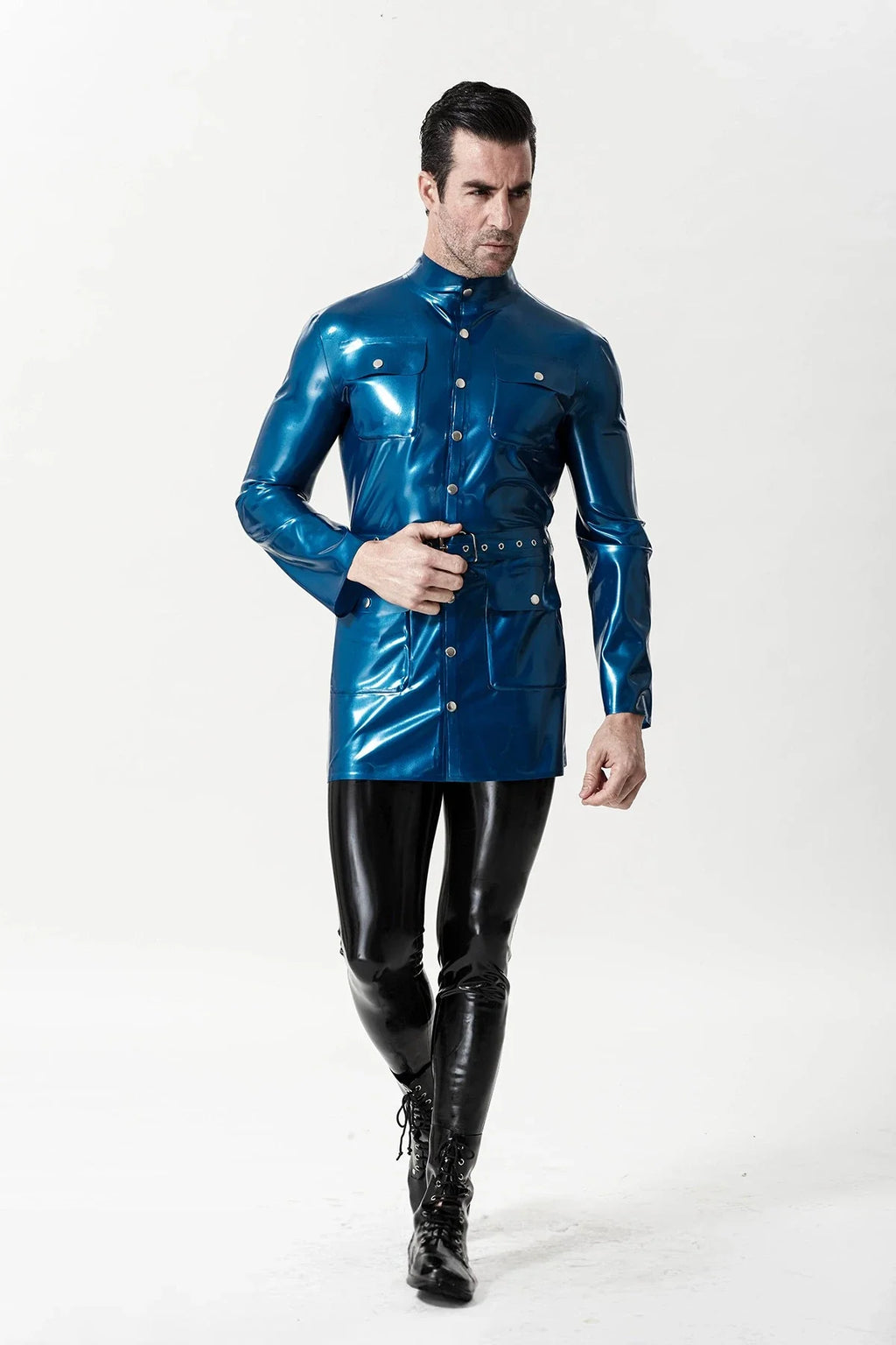 Metallic Blue Belted Stud-Closure Latex Military Tunic Jacket