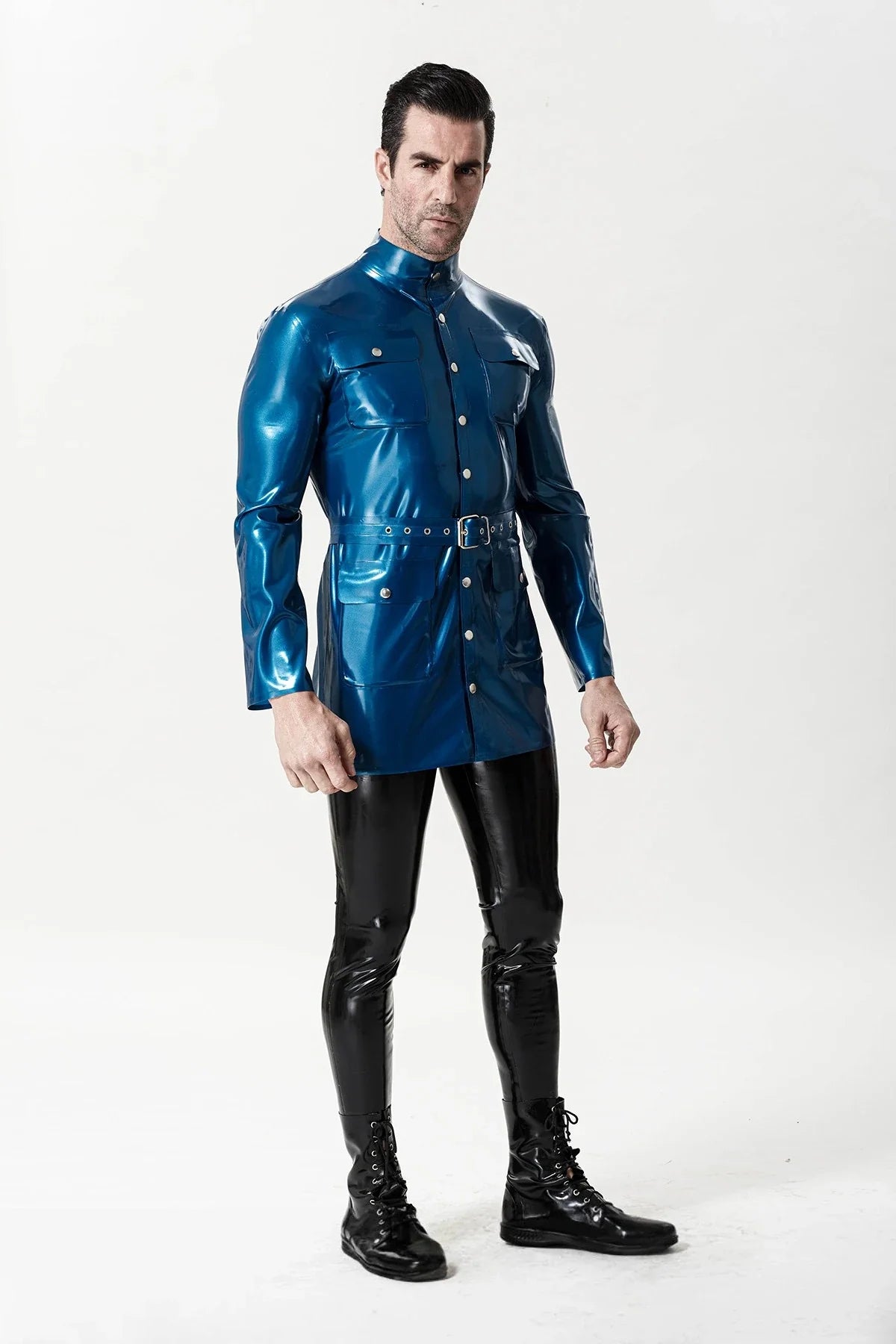 Metallic Blue Belted Stud-Closure Latex Military Tunic Jacket