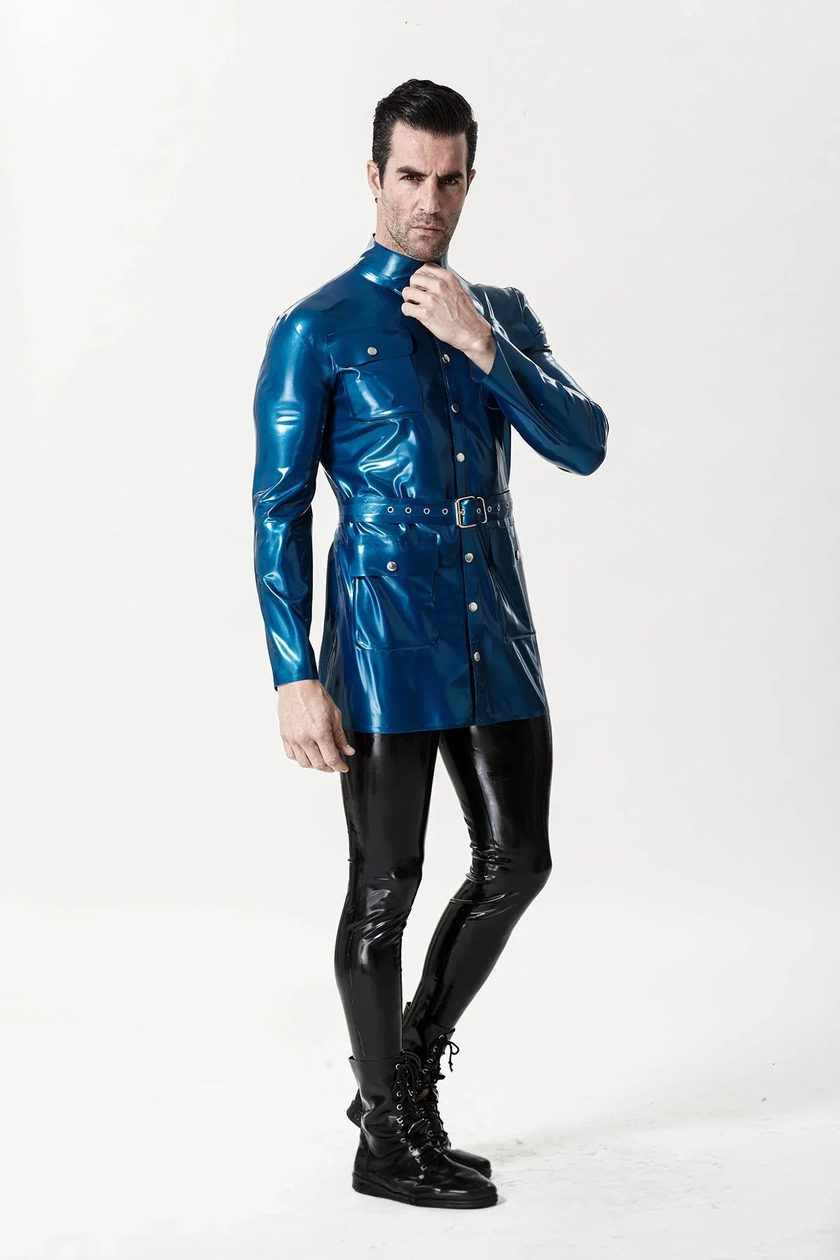 Metallic Blue Belted Stud-Closure Latex Military Tunic Jacket