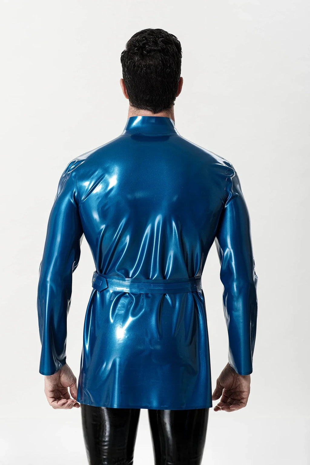 Metallic Blue Belted Stud-Closure Latex Military Tunic Jacket