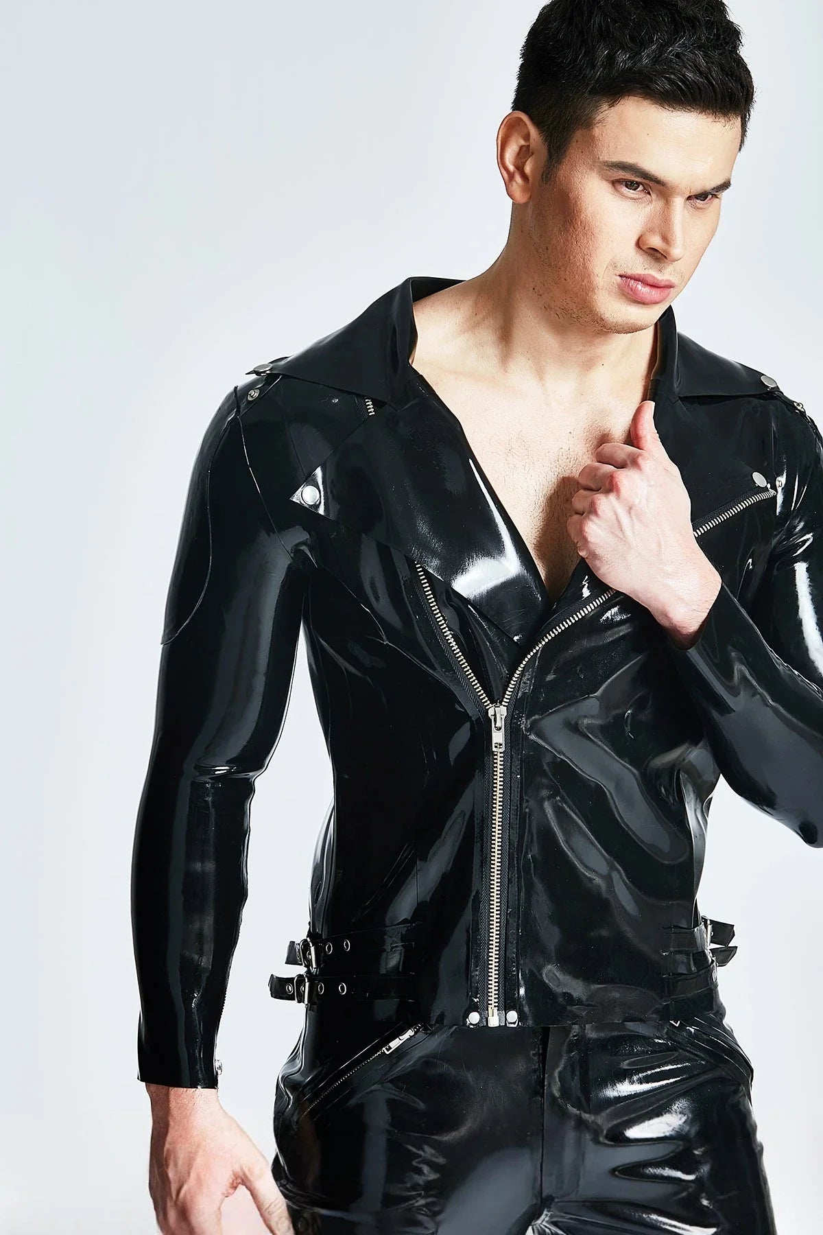 Black Asymmetrical Off-Center Zip Latex Moto Jacket