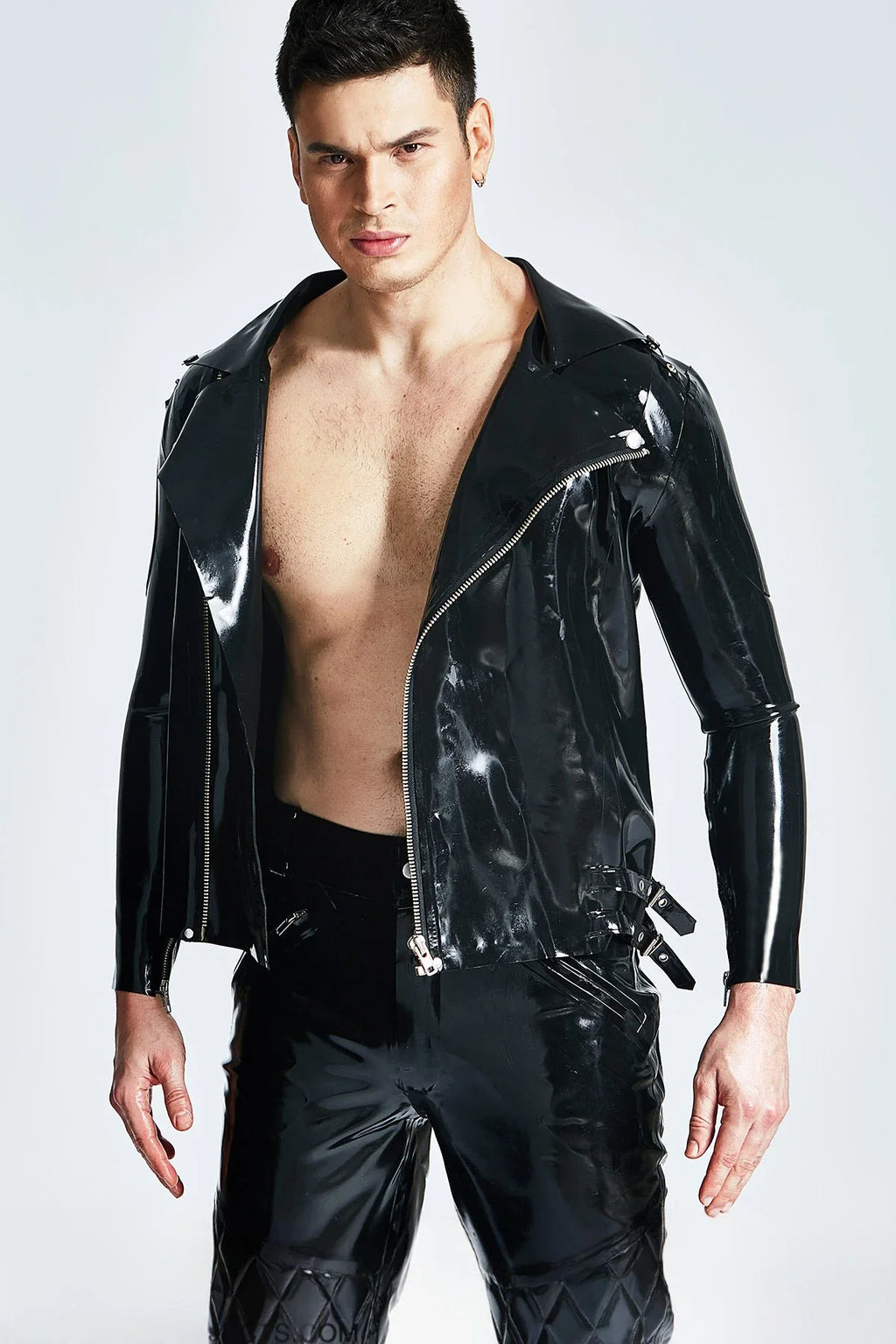 Black Asymmetrical Off-Center Zip Latex Moto Jacket