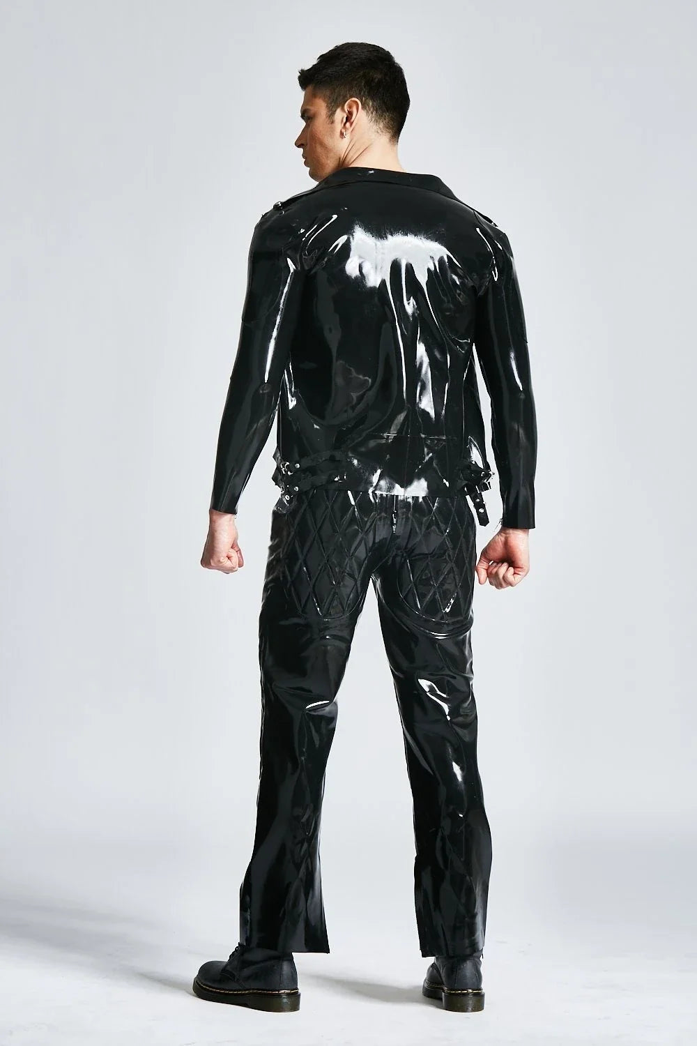Black Asymmetrical Off-Center Zip Latex Moto Jacket