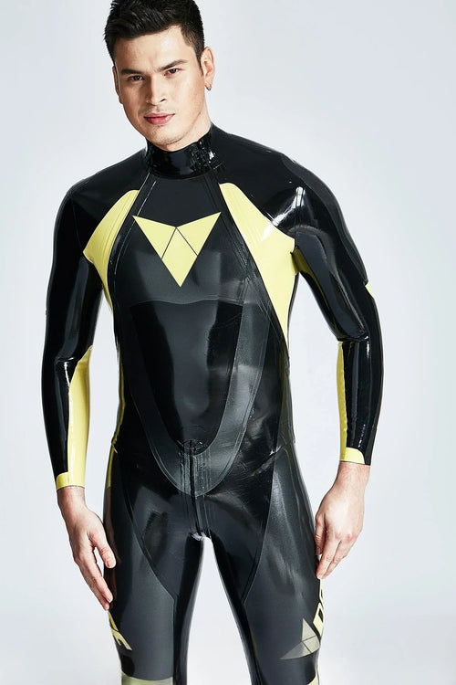 Black & Metallic Pewter 'Moto-T-Age' Diagonal-Zip Through-Zip Latex Catsuit
