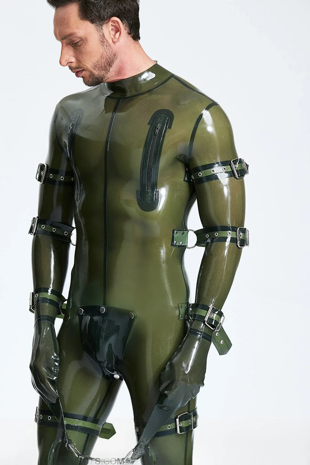 Translucent Olive 'Straight-Jacket' Bondage Codpiece Back-Zip Latex Catsuit