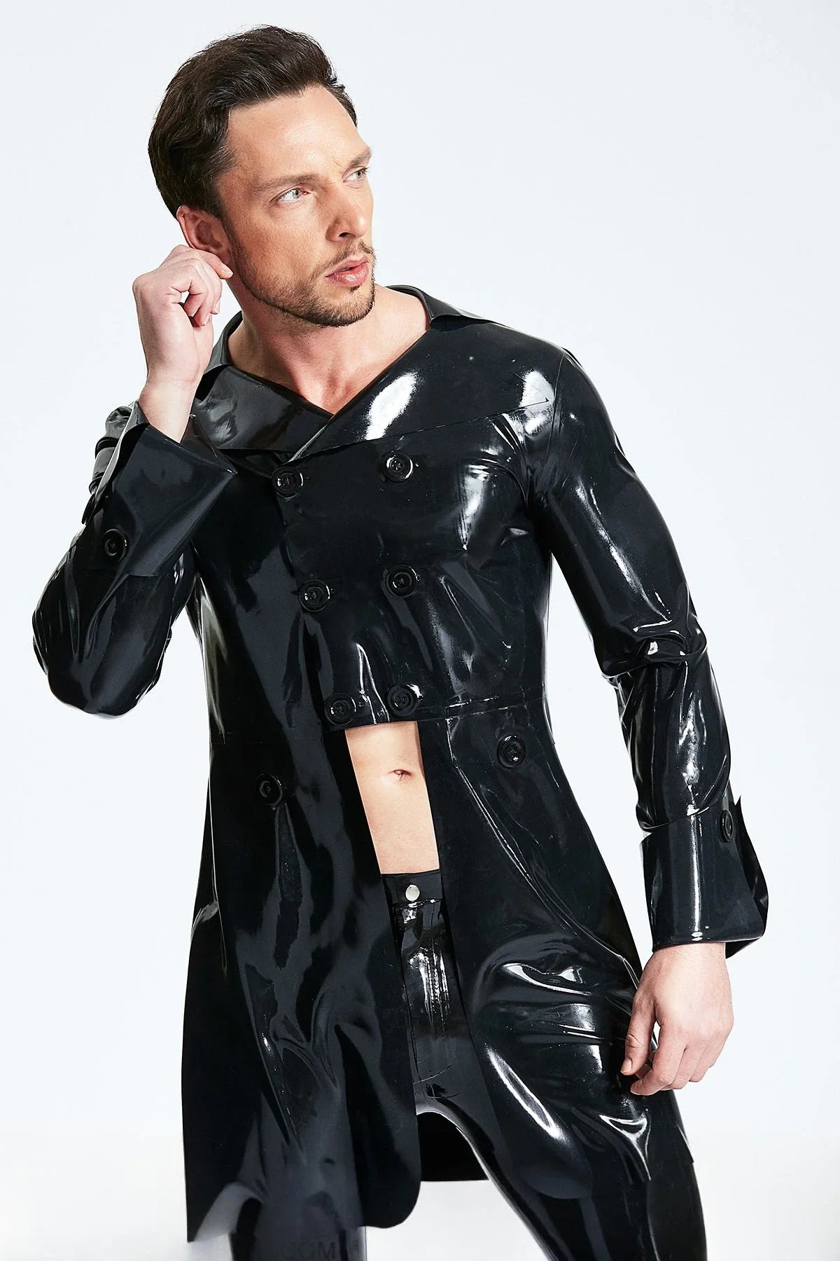 Black Musketeer V-Lapel Double-Breasted French-Cuff Flared Open-Front Latex Formal Jacket