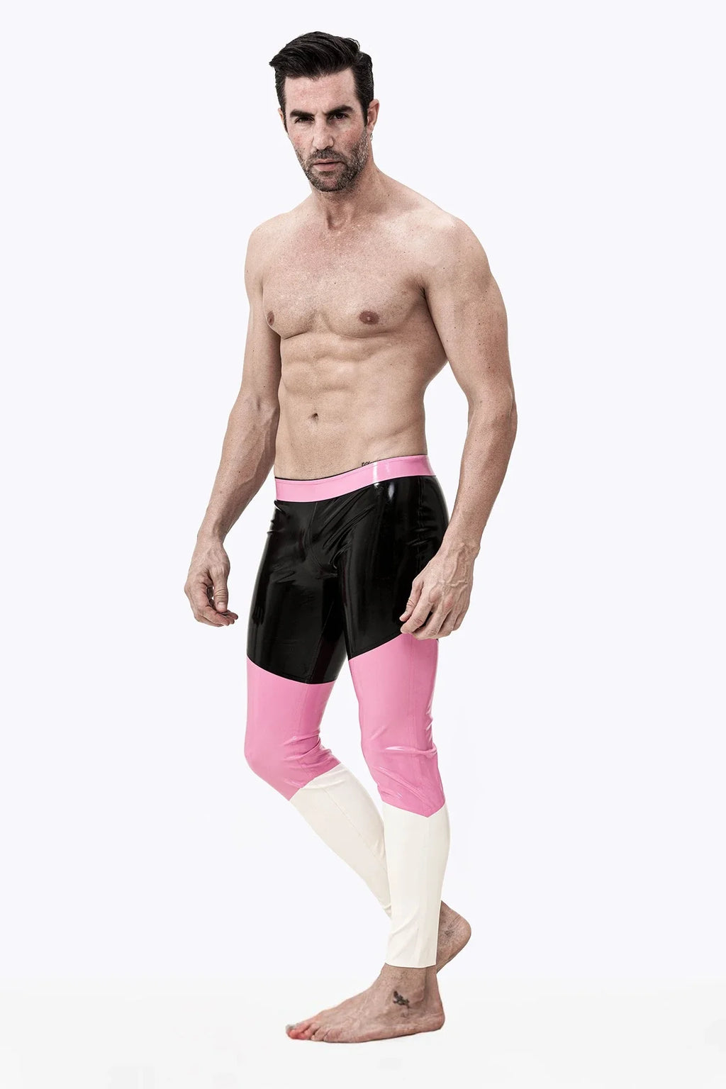 Black, Pink & White Neapolitan Three-Color No-Zip Latex Leggings
