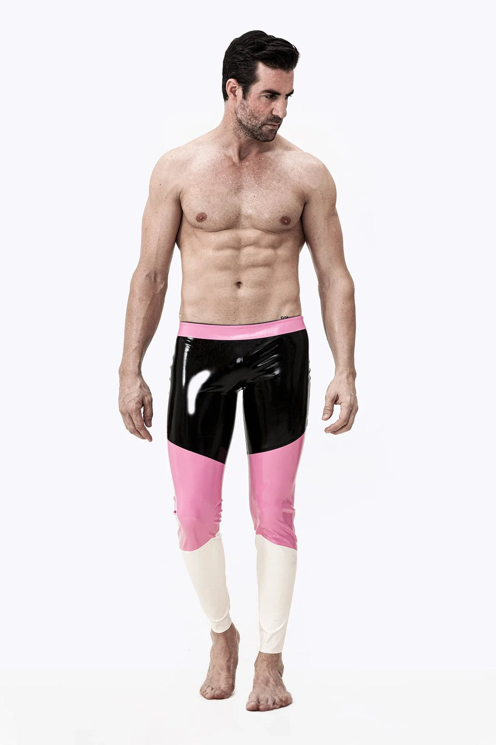 Black, Pink & White Neapolitan Three-Color No-Zip Latex Leggings