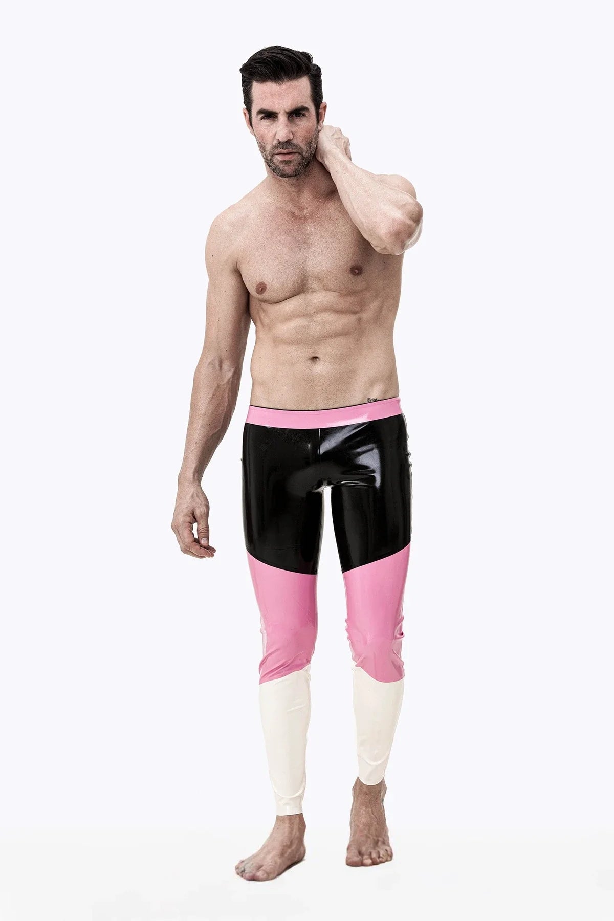 Black, Pink & White Neapolitan Three-Color No-Zip Latex Leggings
