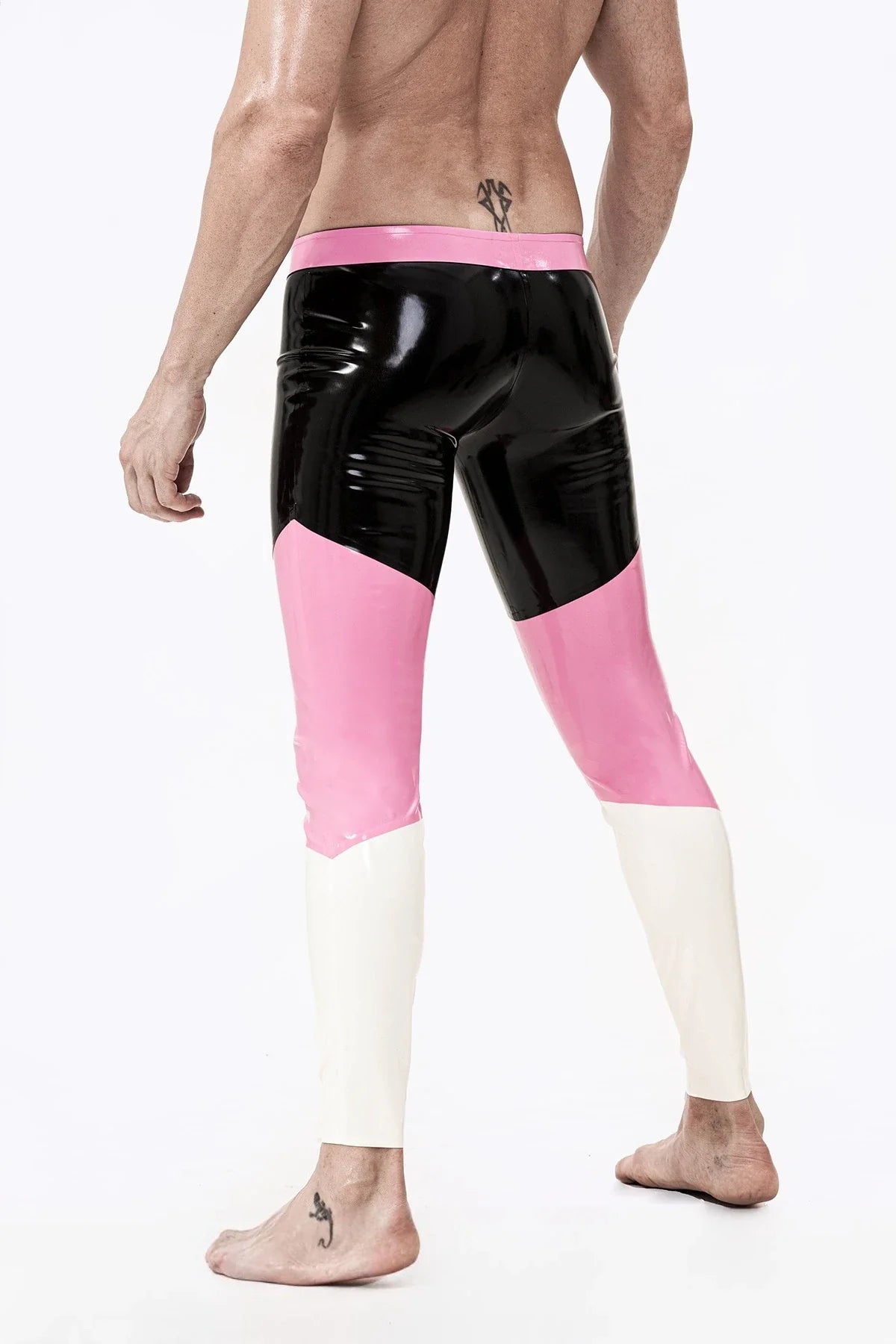 Black, Pink & White Neapolitan Three-Color No-Zip Latex Leggings