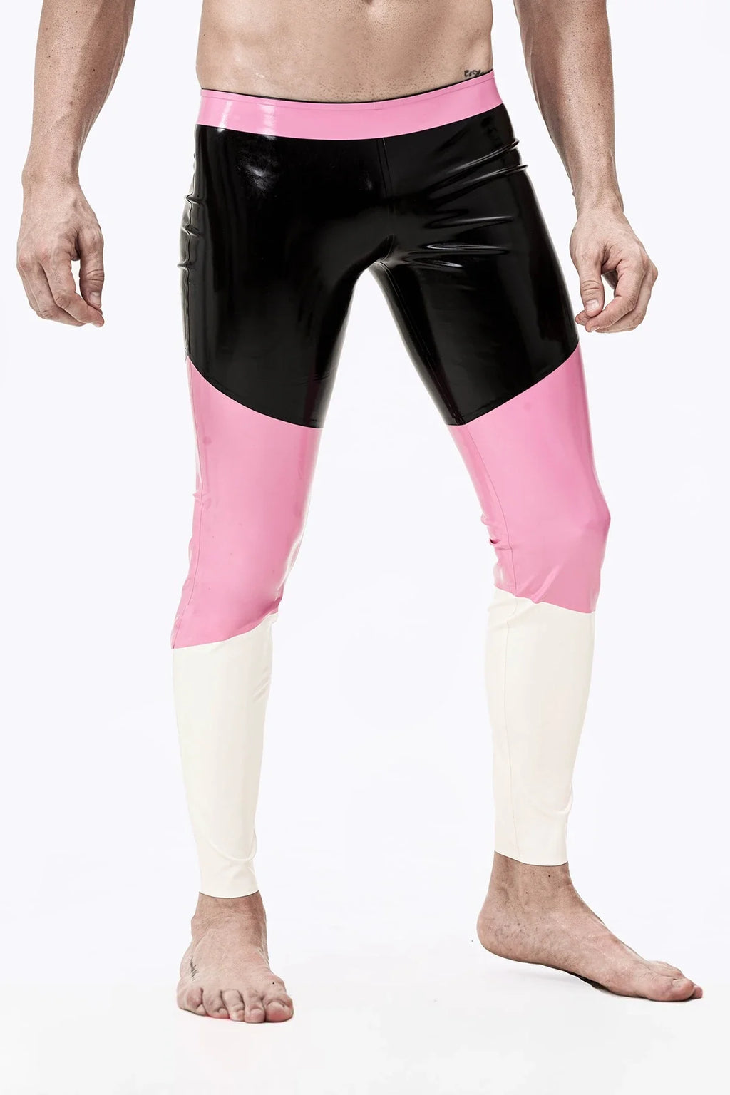 Black, Pink & White Neapolitan Three-Color No-Zip Latex Leggings