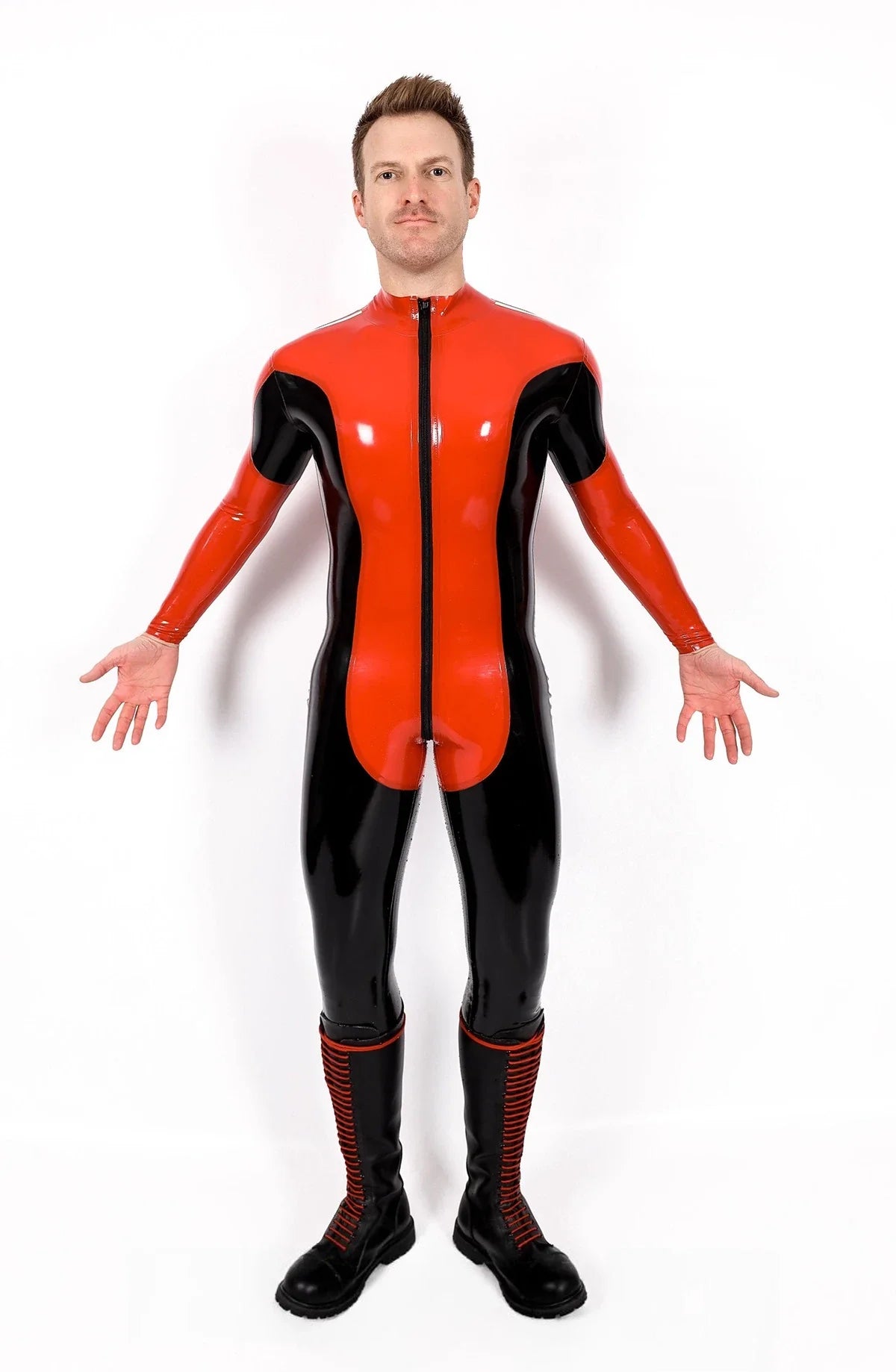 Black & Red 'Nitro' Striped 3-Way Through-Zip Latex Catsuit