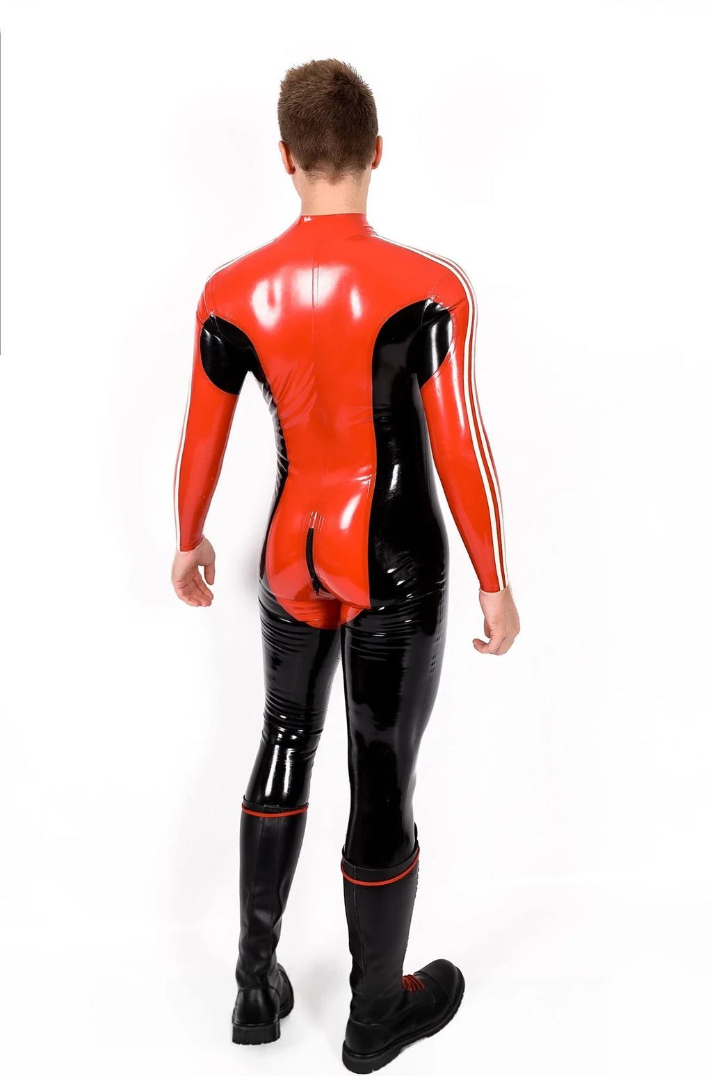 Black & Red 'Nitro' Striped 3-Way Through-Zip Latex Catsuit