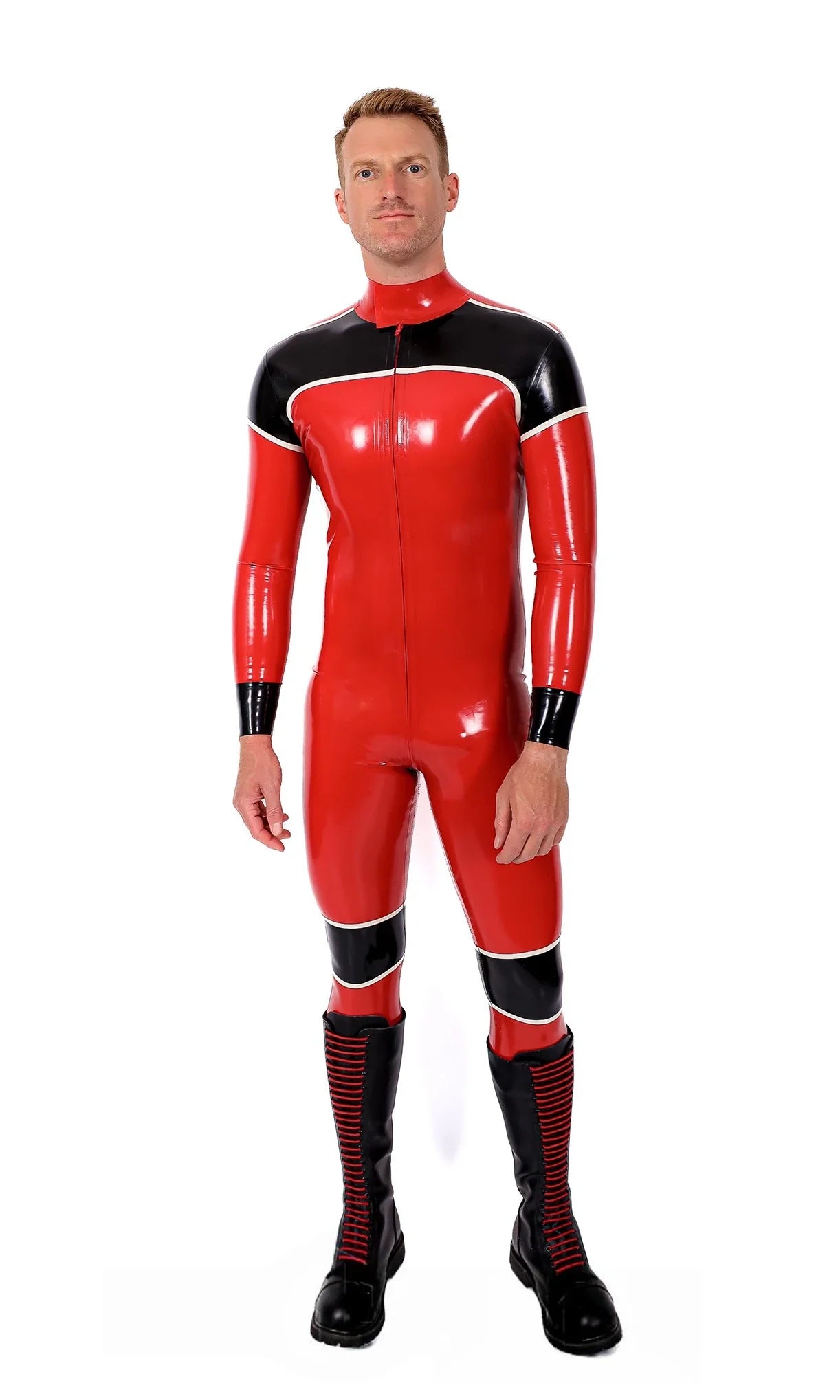 Red & Black 'Orbiton' 3-Way Through-Zip Latex Catsuit