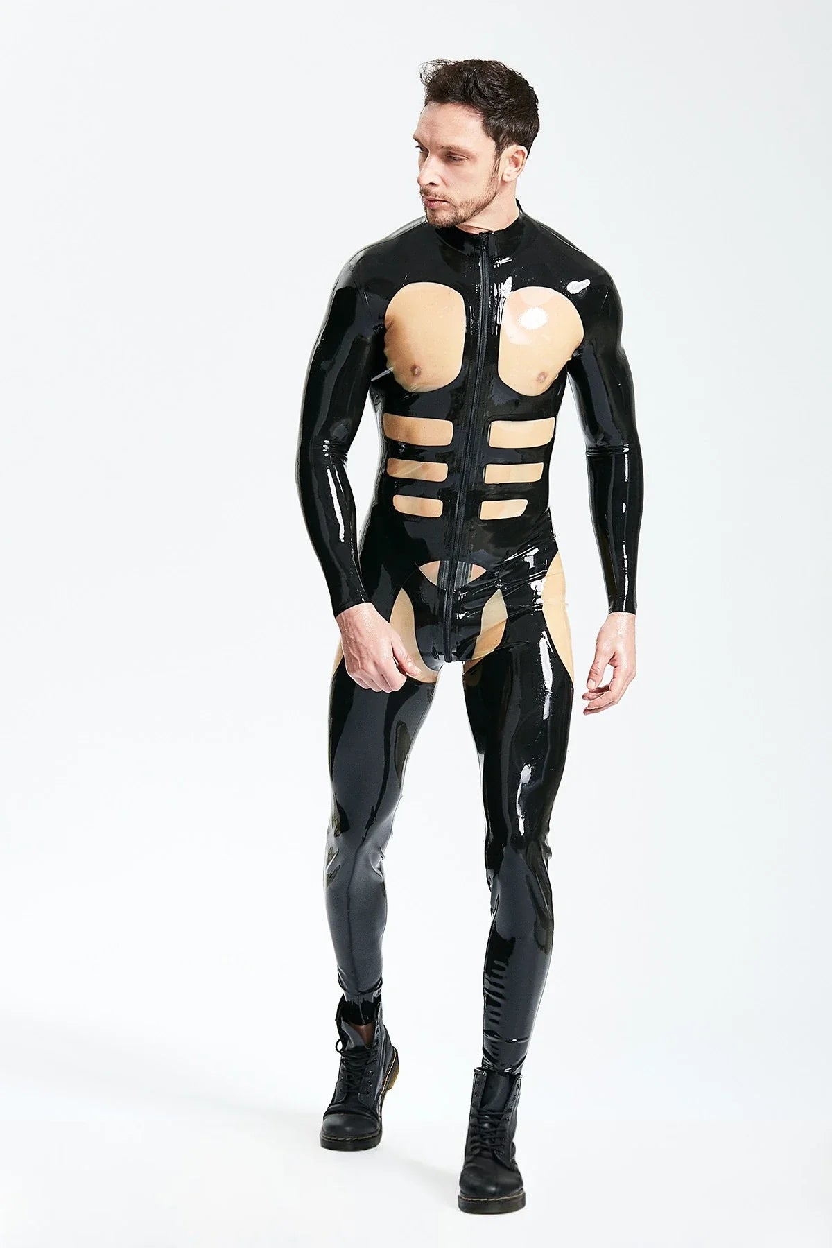 Black Translucent Natural Orion Three-Way Through-Zip Latex Catsuit