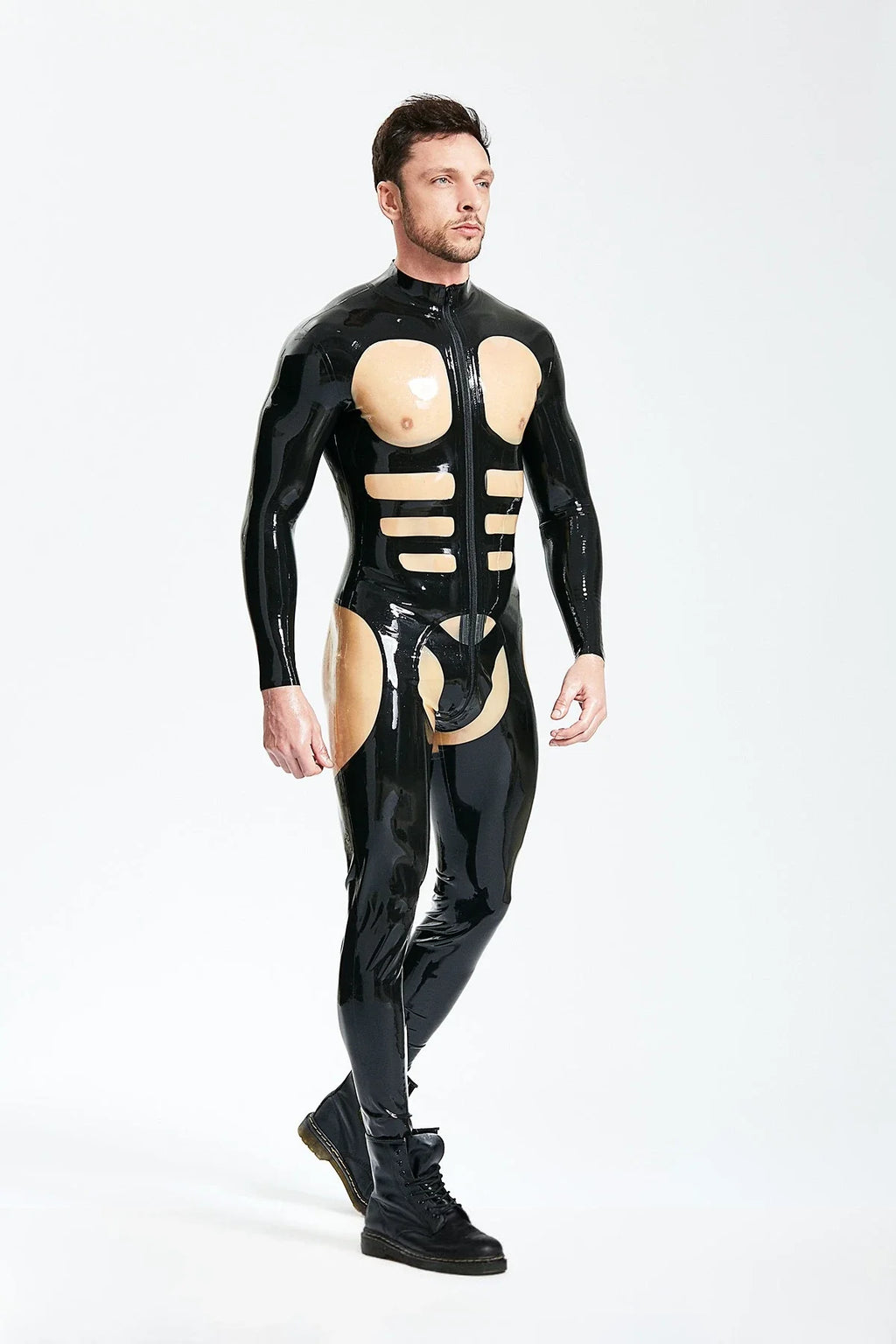 Black Translucent Natural Orion Three-Way Through-Zip Latex Catsuit