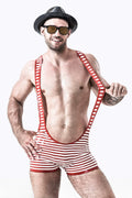 White & Red Striped Zipperless Latex Wrestling Suit