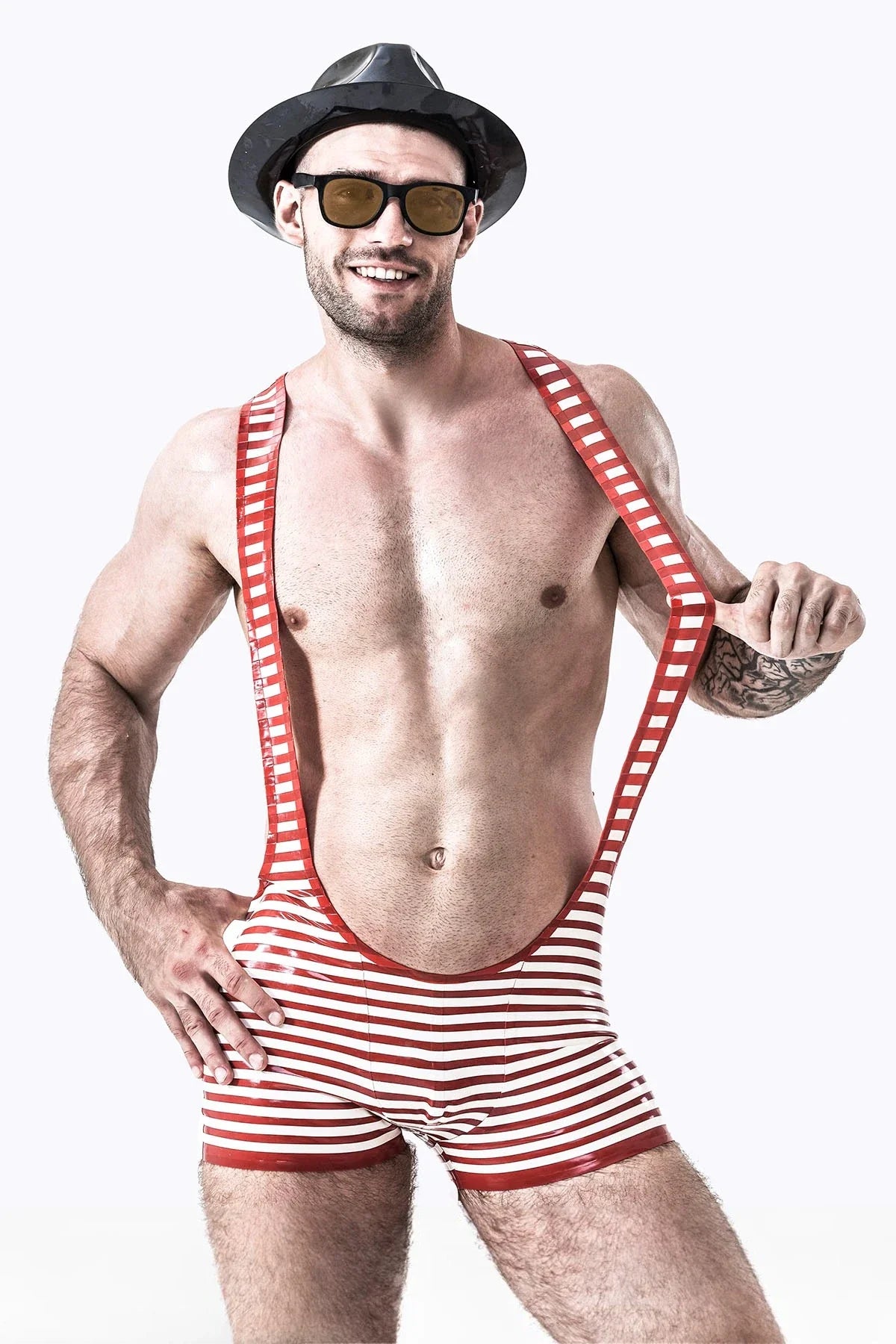 White & Red Striped Zipperless Latex Wrestling Suit