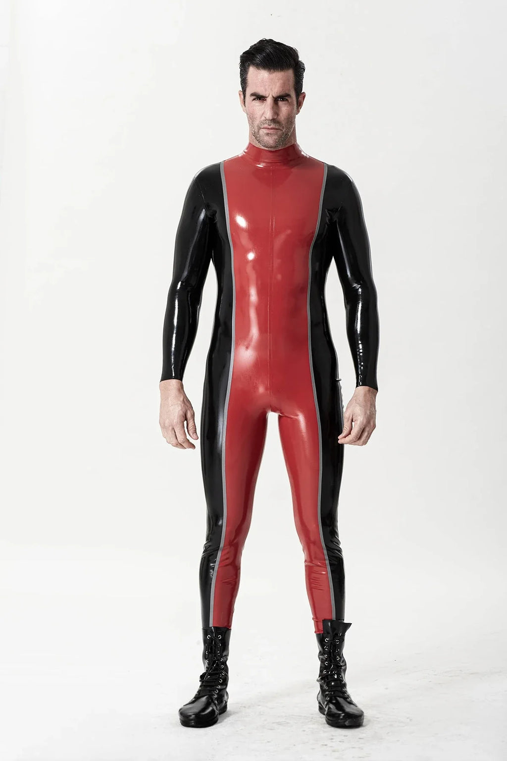 Red & Black 'Prince Regal' Two-Tone Back-Zip Latex Catsuit