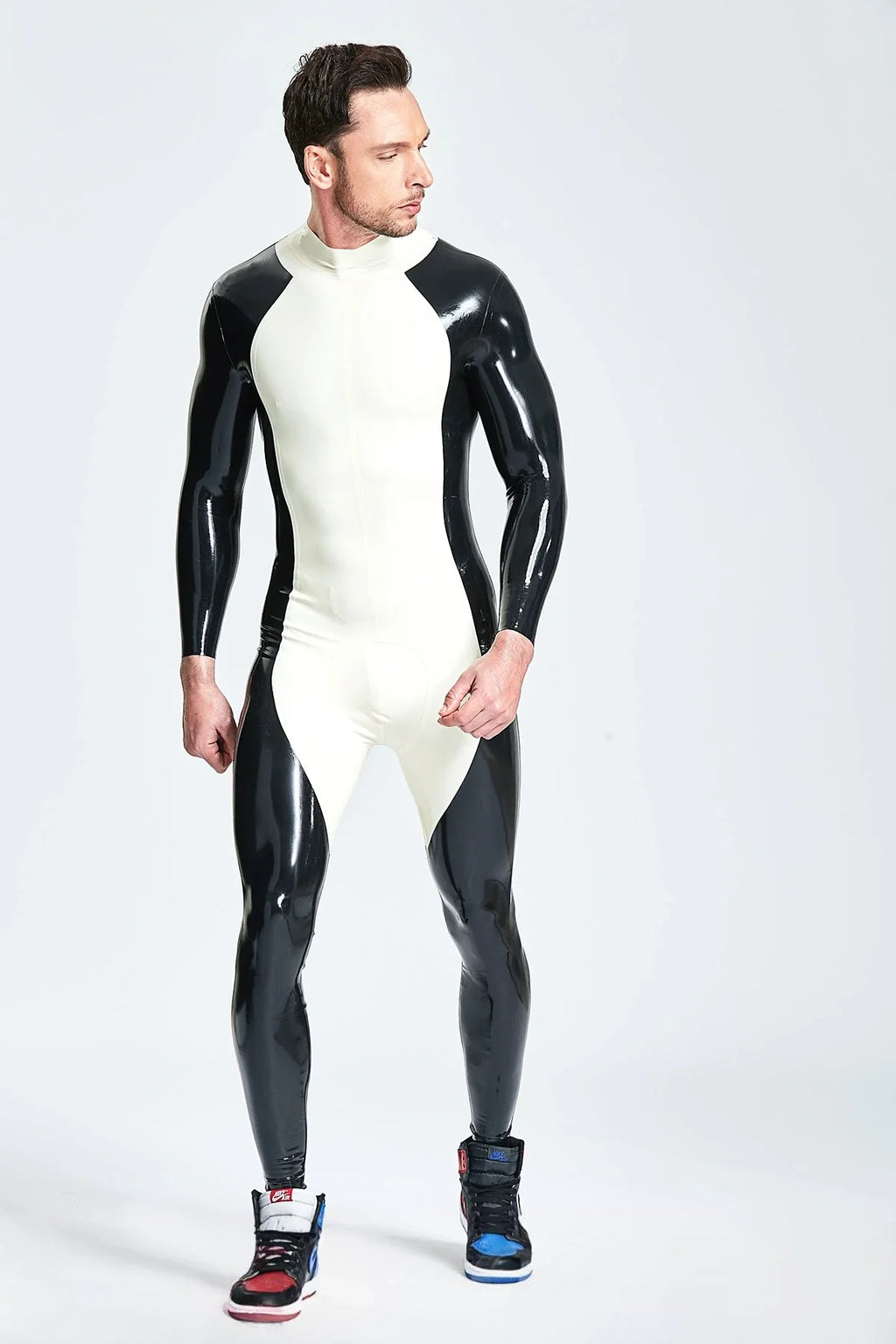 White Black-Panel Two-Tone Back-Zip Latex Catsuit