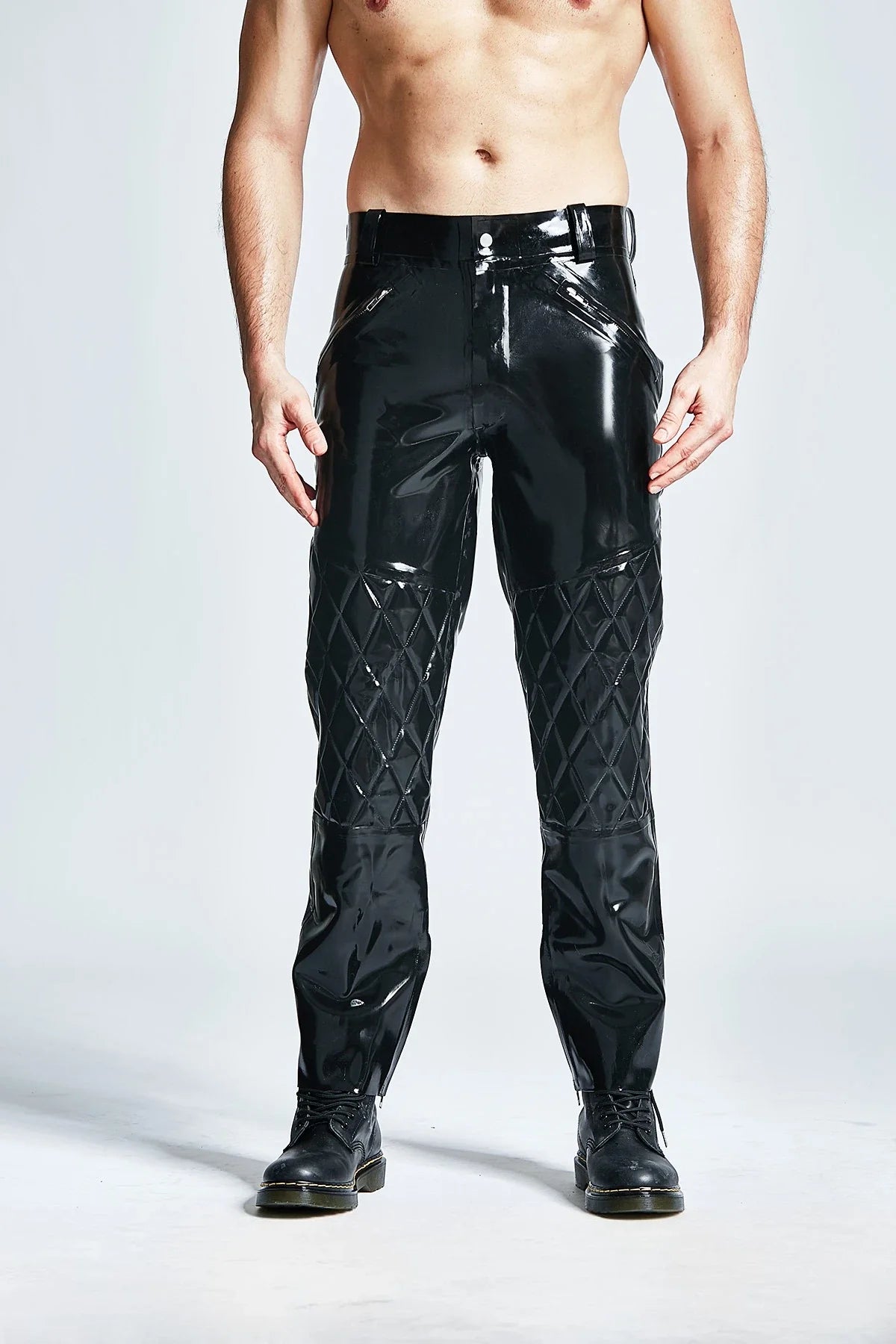 Black Quilted-Knee-Bum High-Waist Loose-Leg Front-Back Through-Zip Pocket Stud-Waist Latex Trousers