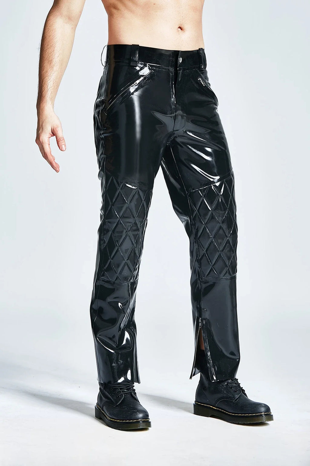 Black Quilted-Knee-Bum High-Waist Loose-Leg Front-Back Through-Zip Pocket Stud-Waist Latex Trousers