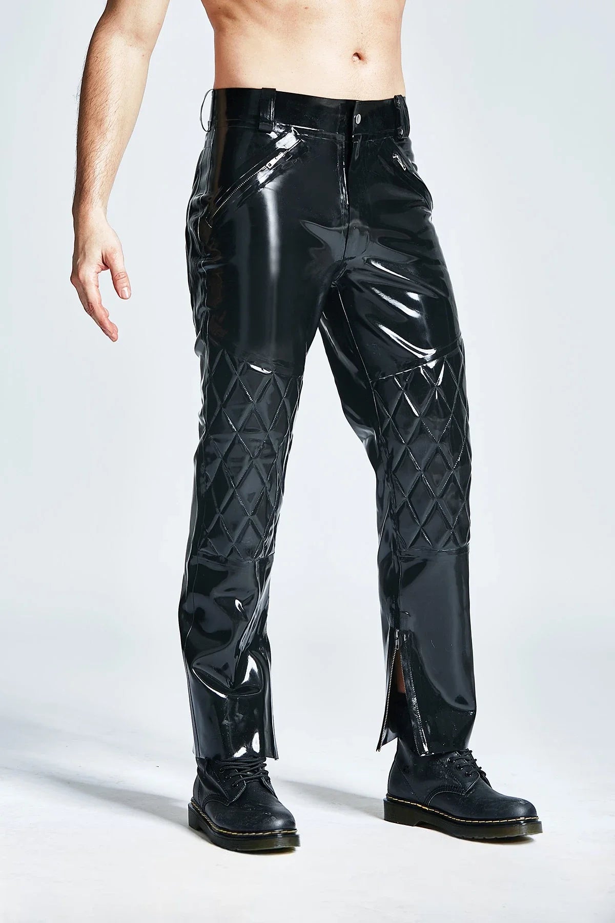 Black Quilted-Knee-Bum High-Waist Loose-Leg Front-Back Through-Zip Pocket Stud-Waist Latex Trousers