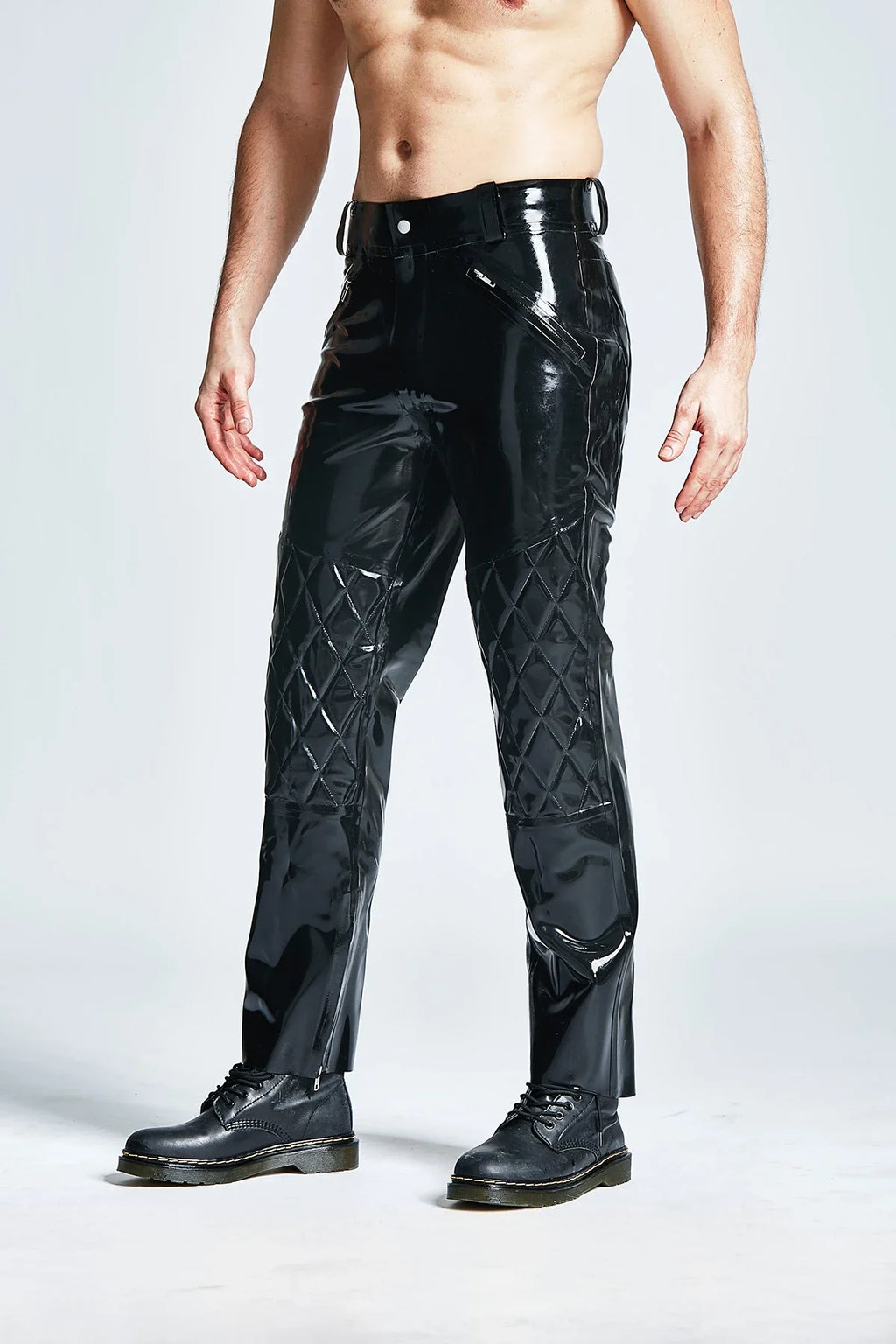 Black Quilted-Knee-Bum High-Waist Loose-Leg Front-Back Through-Zip Pocket Stud-Waist Latex Trousers