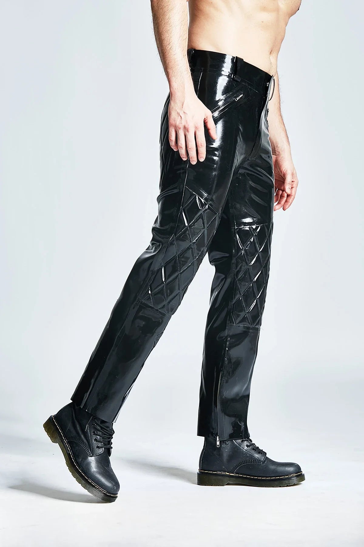 Black Quilted-Knee-Bum High-Waist Loose-Leg Front-Back Through-Zip Pocket Stud-Waist Latex Trousers