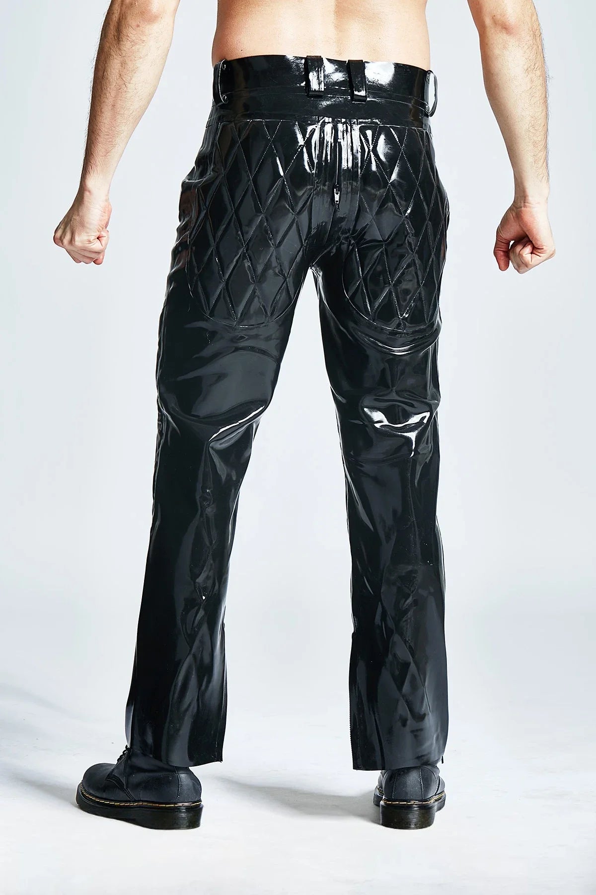 Black Quilted-Knee-Bum High-Waist Loose-Leg Front-Back Through-Zip Pocket Stud-Waist Latex Trousers