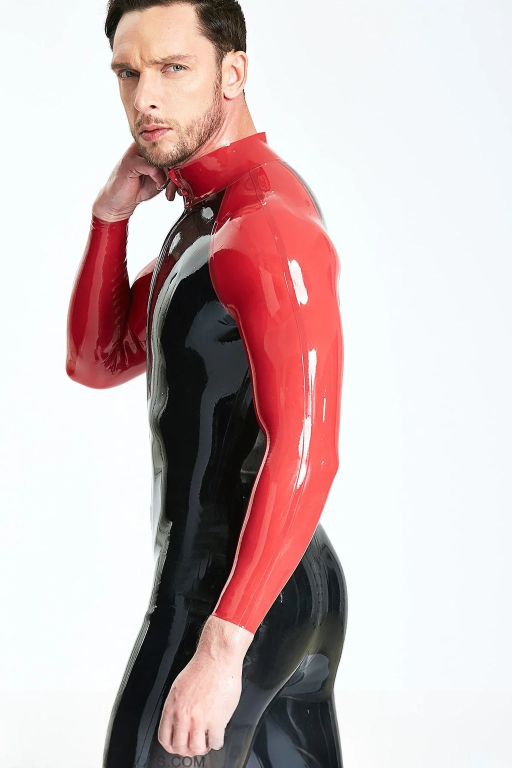 Black Red Raglan-Sleeve Front-Zip Latex Catsuit