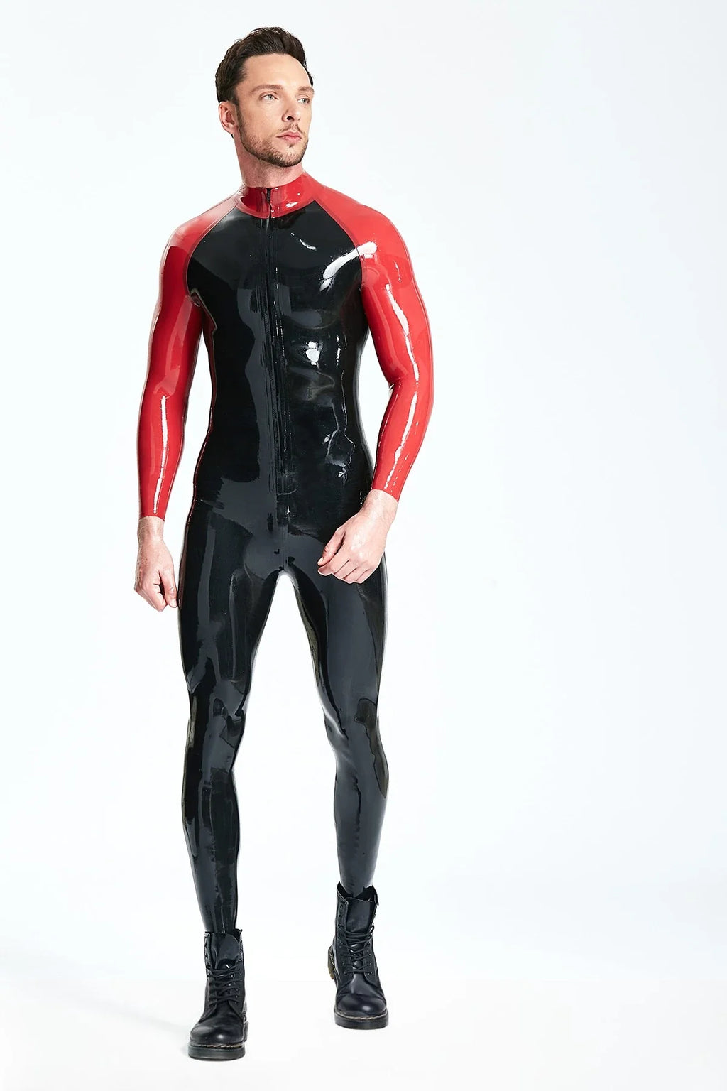 Black Red Raglan-Sleeve Front-Zip Latex Catsuit