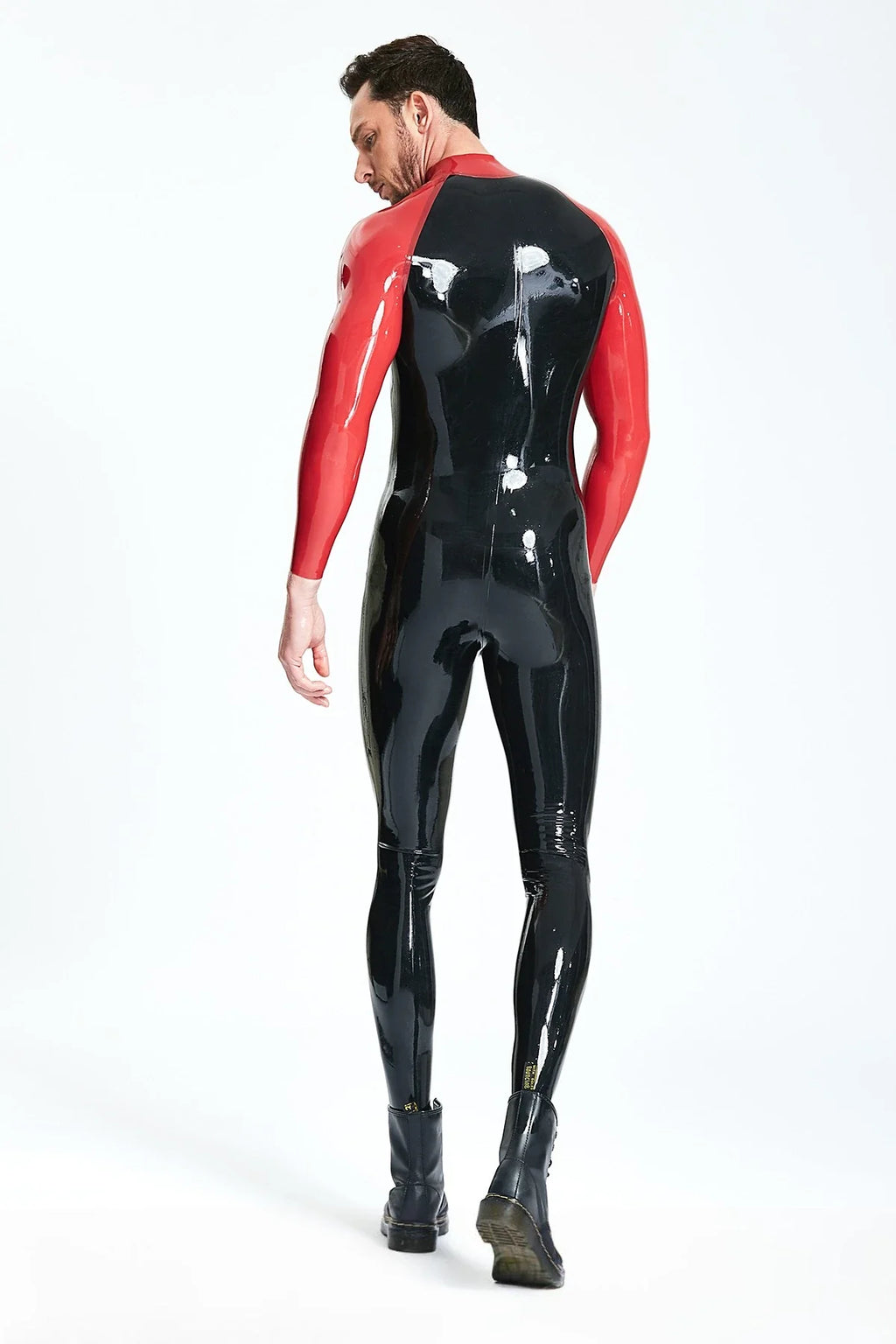 Black Red Raglan-Sleeve Front-Zip Latex Catsuit
