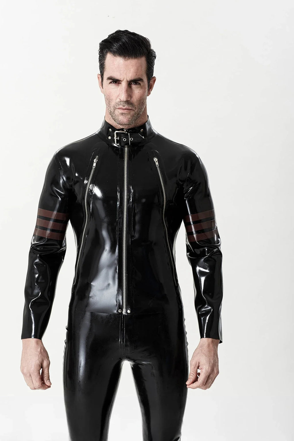 Black & Chocolate Rebel Rouser High-Collar Belt Diagonal-Zip Arm-Band Latex Jacket