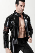 Black & Chocolate Rebel Rouser High-Collar Belt Diagonal-Zip Arm-Band Latex Jacket