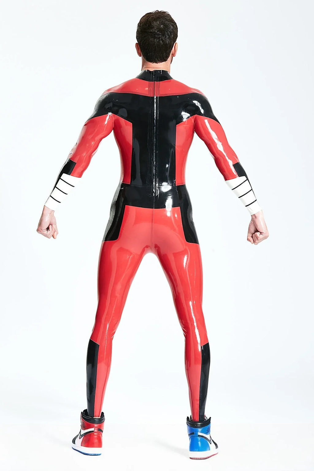 Black Red-Saddle White-Trim Back-Zip Latex Catsuit