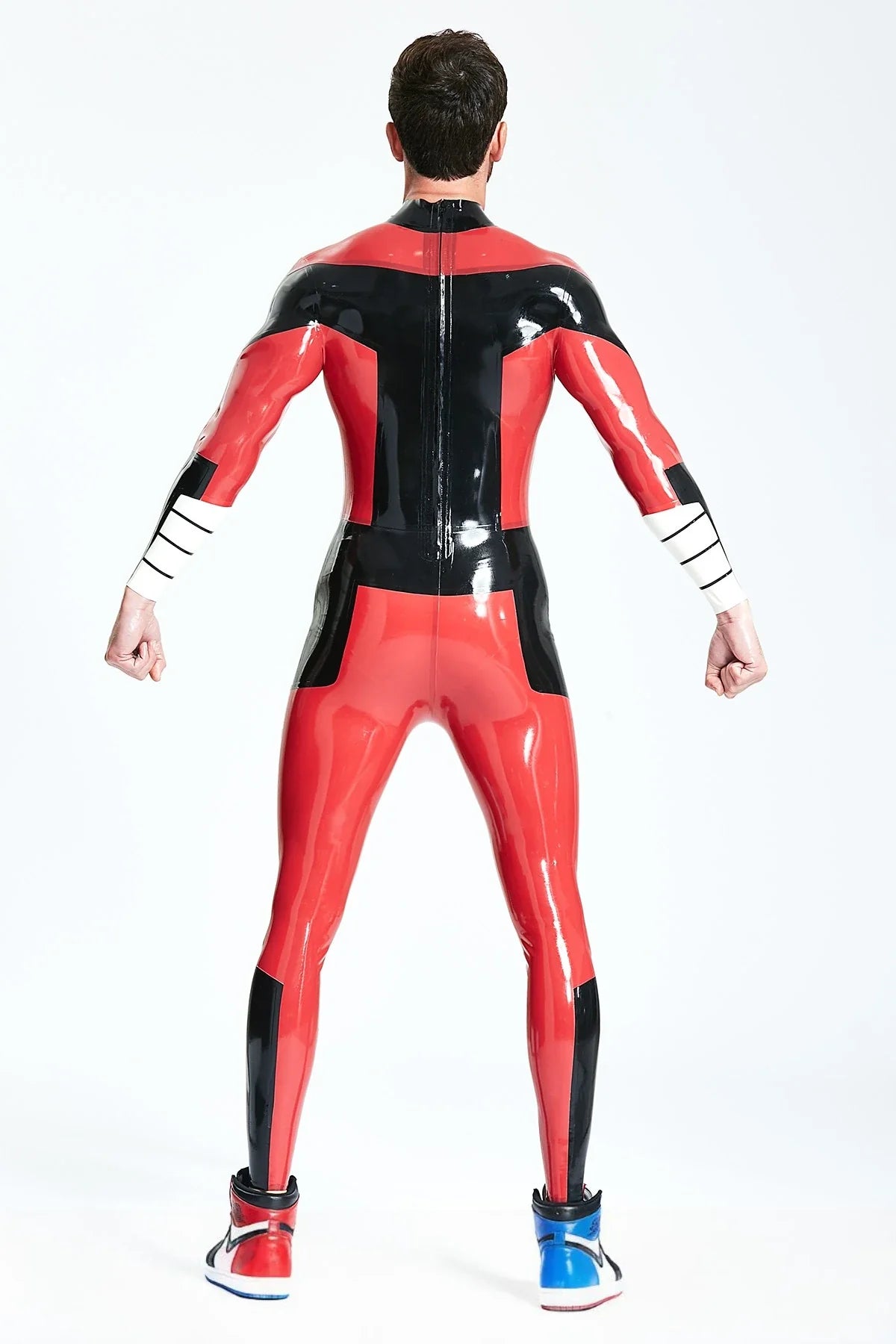 Black Red-Saddle White-Trim Back-Zip Latex Catsuit