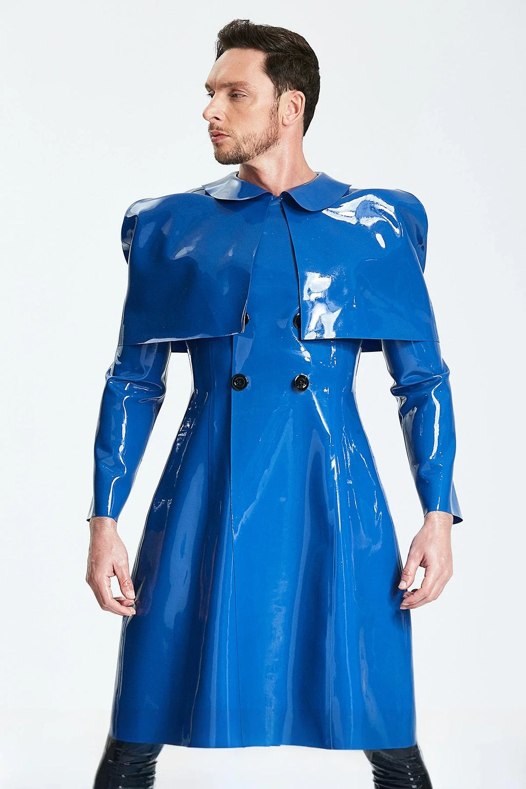 Middle Blue 'Sherlock' Caped Double-Breasted Latex Raincoat