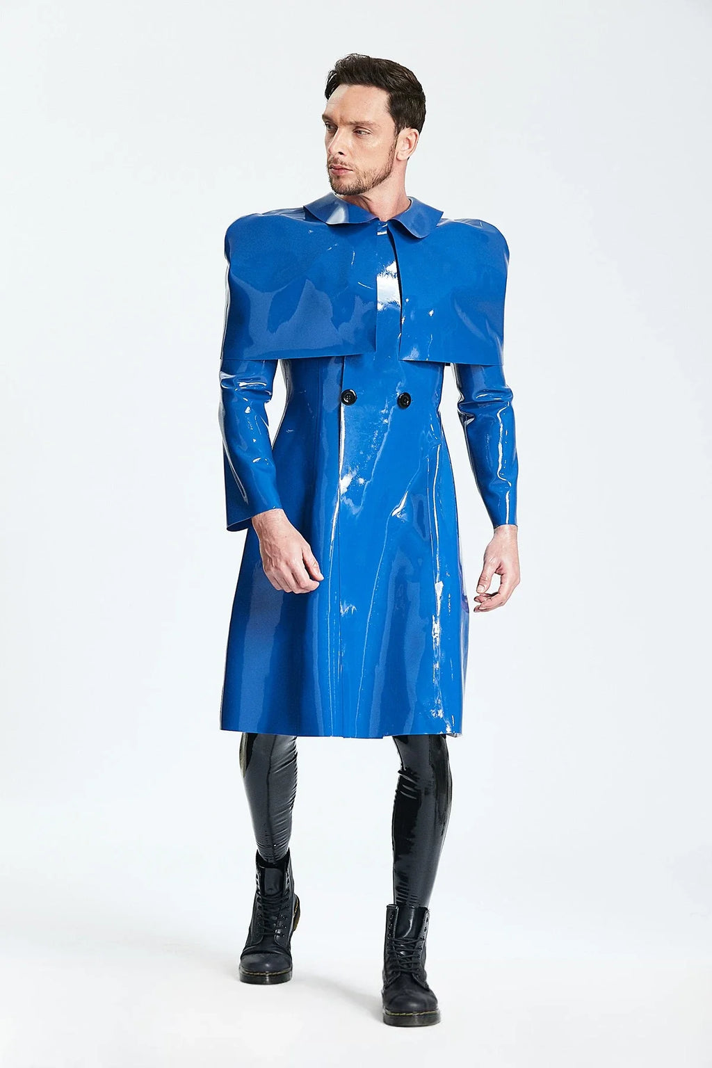 Middle Blue 'Sherlock' Caped Double-Breasted Latex Raincoat