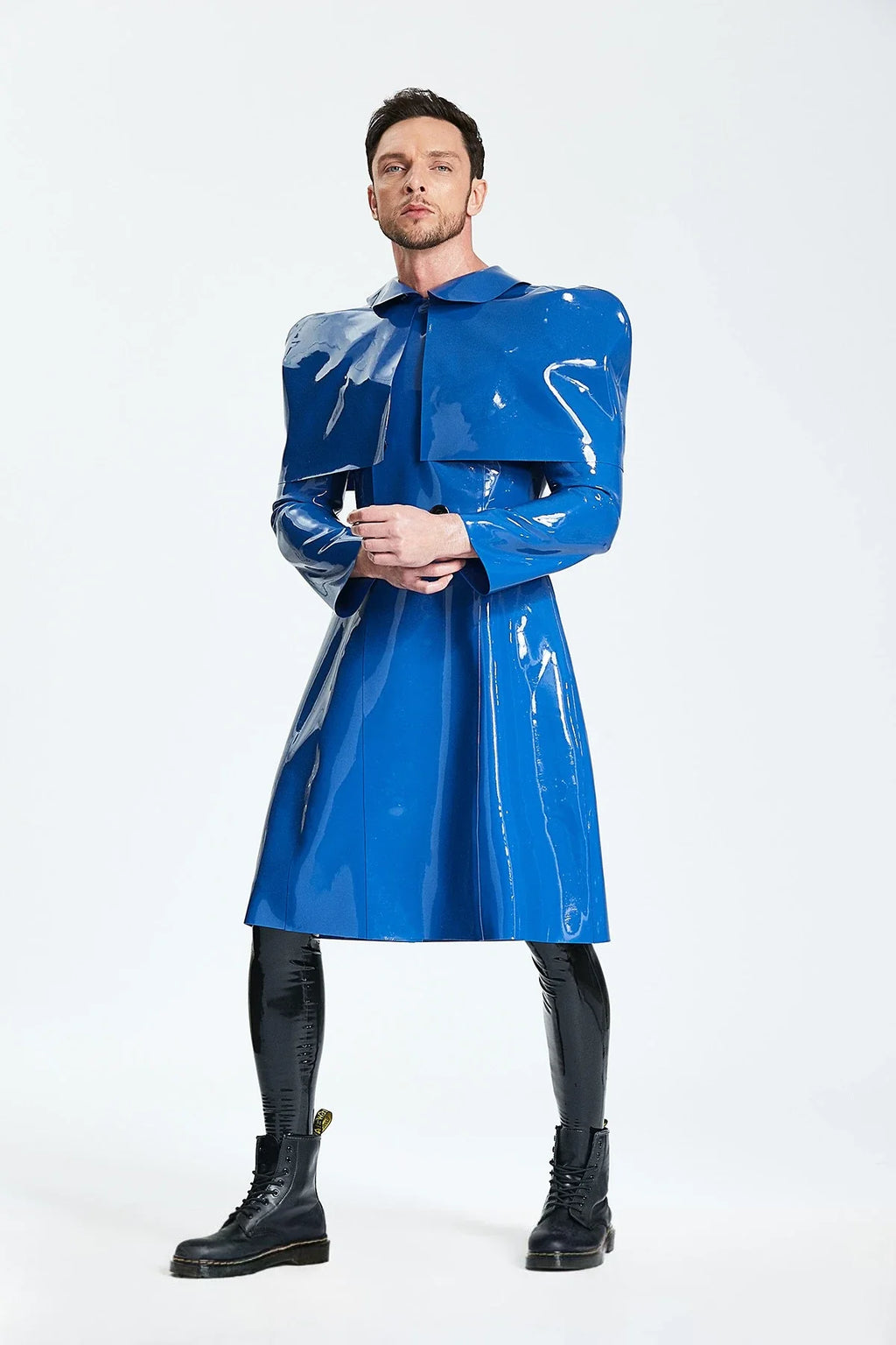 Middle Blue 'Sherlock' Caped Double-Breasted Latex Raincoat